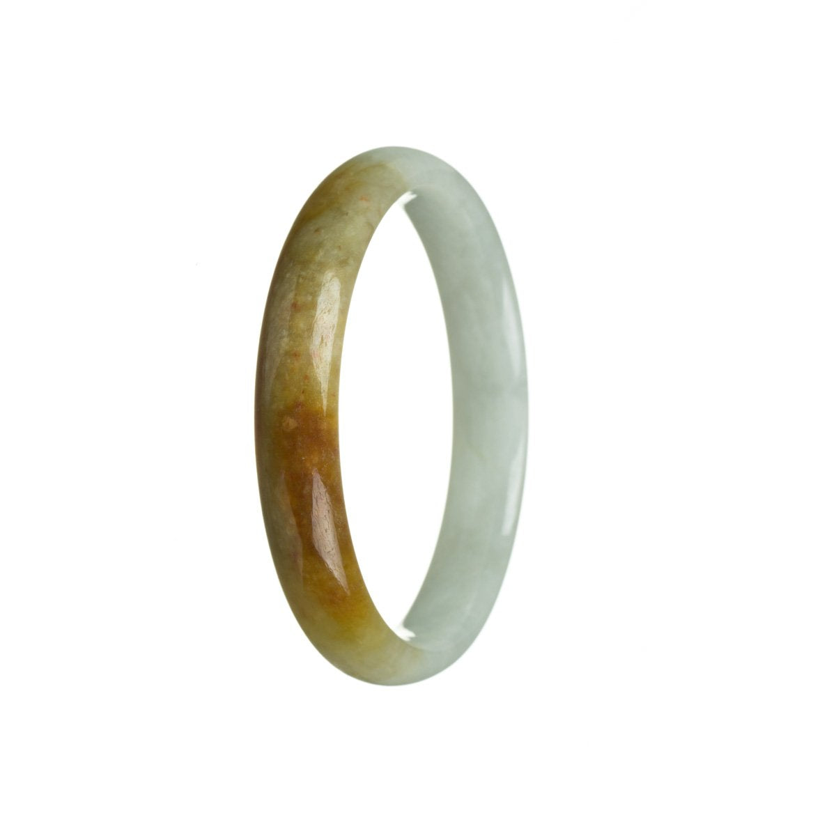 A close-up image of a pale green and brown jade bracelet with a half-moon shape, measuring 57mm. The bracelet is made from genuine Grade A Burma jade, known for its high quality. The brand name "MAYS™" is visible.