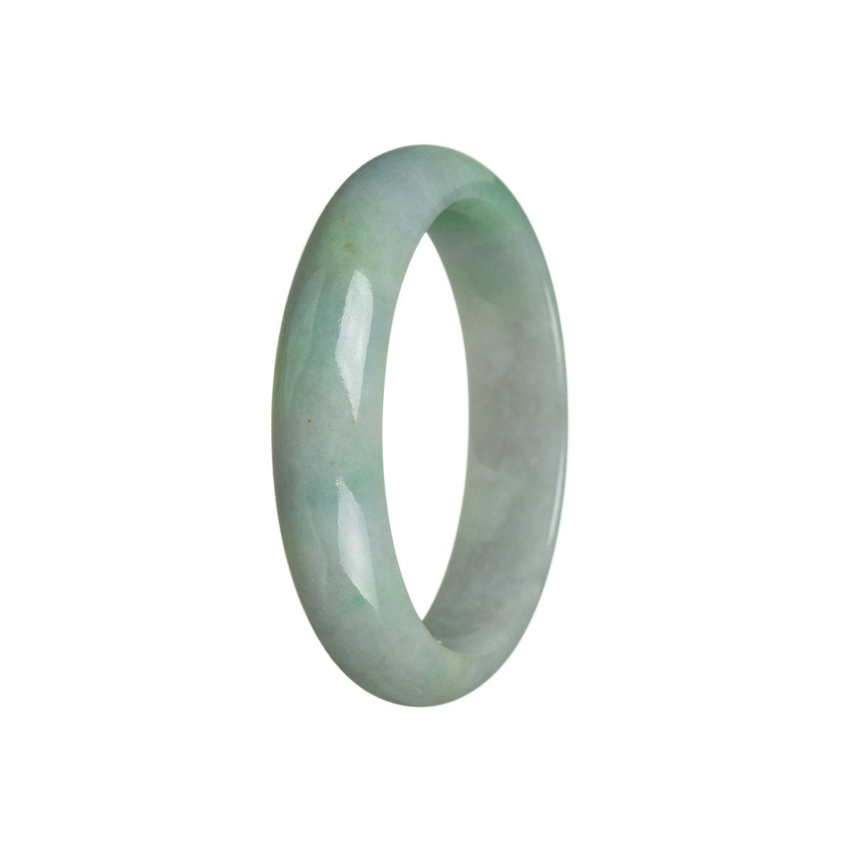 A close-up photo of a jade bangle bracelet, with a half moon shape and a green color with hints of lavender. The bracelet is made of genuine grade A jade and is sold by MAYS GEMS.