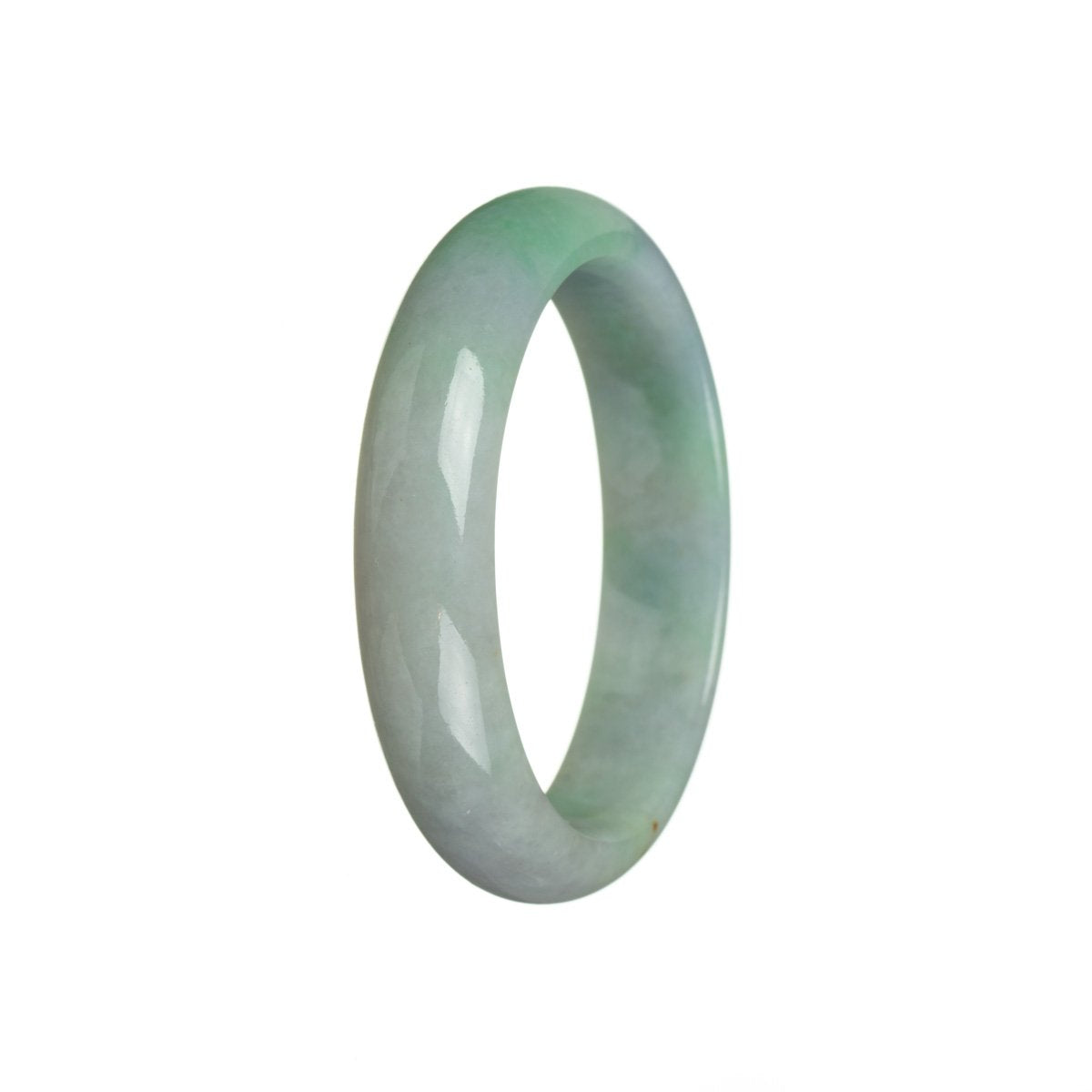 A half moon-shaped bracelet made of authentic natural green jadeite with lavender undertones. It measures 56mm in diameter and is a beautiful addition to any jewelry collection.