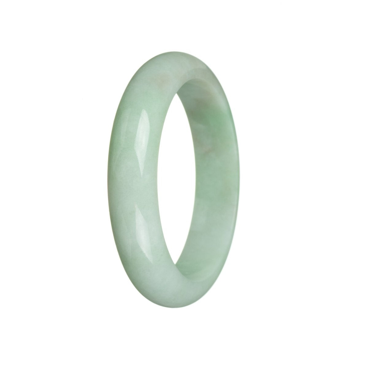 A light green jadeite jade bangle with a half moon design, measuring 58mm in size.