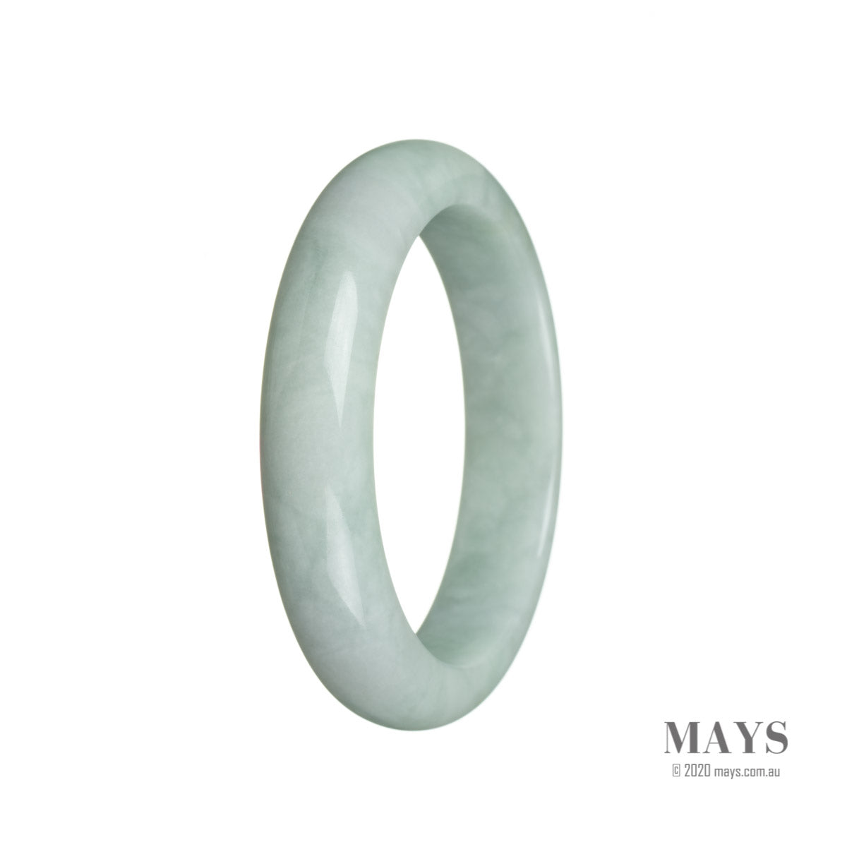 A close-up of a genuine untreated white jade bangle, featuring a semi-round shape and measuring 57mm in diameter. The bangle has a smooth and polished surface, showcasing the natural beauty of the white jade. It is a timeless and elegant piece of jewelry from the brand MAYS.