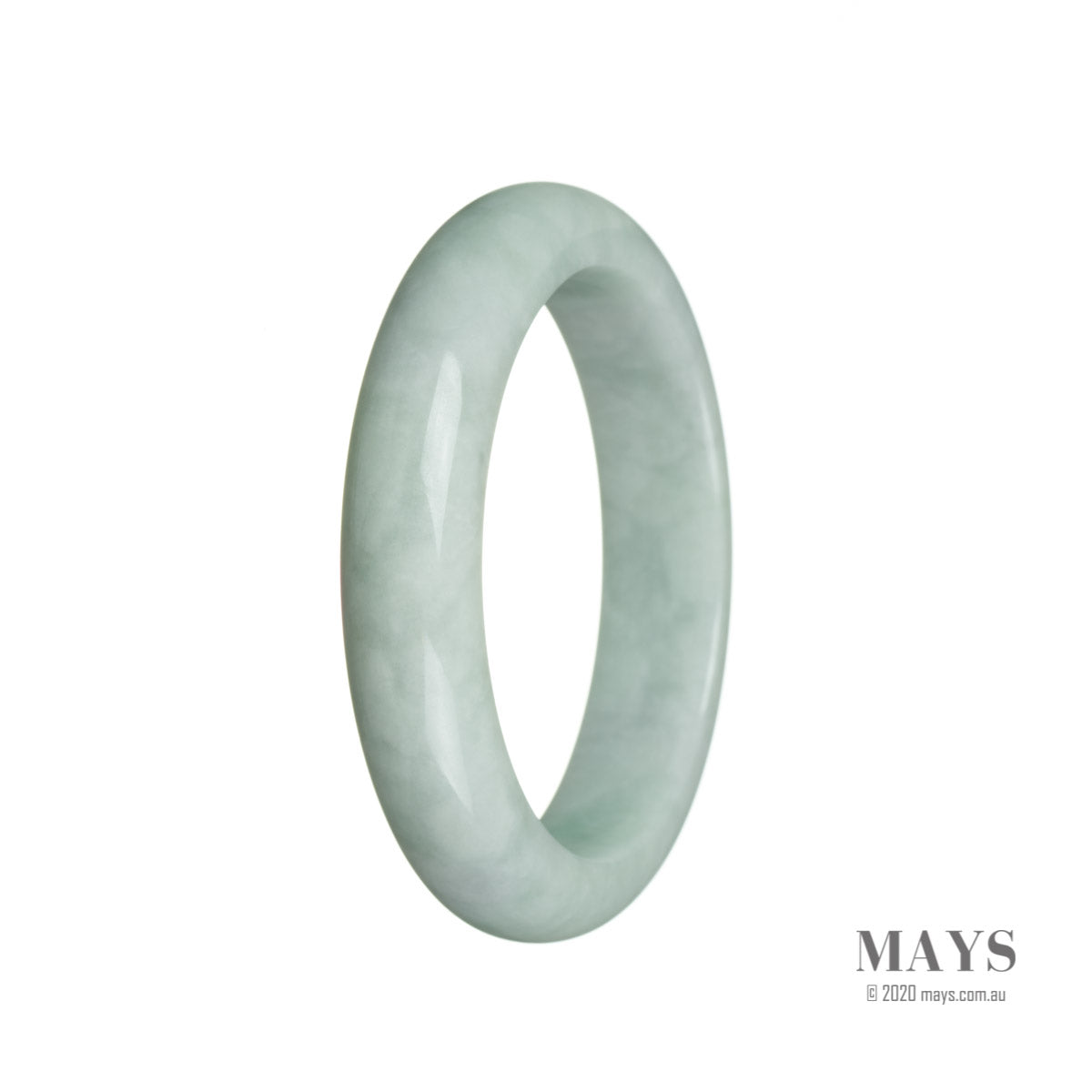 A close-up image of a white traditional jade bracelet with a semi-round shape, measuring 57mm in diameter. The bracelet has a smooth and polished surface, showcasing the natural beauty of the jade.