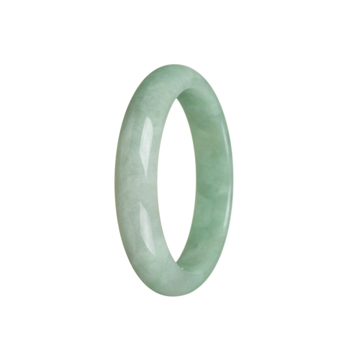 A close-up image of a half moon-shaped green jade bracelet with a smooth and polished surface. The bracelet is made from real natural green jade and measures 55mm in diameter. It is a beautiful and elegant piece of jewelry.