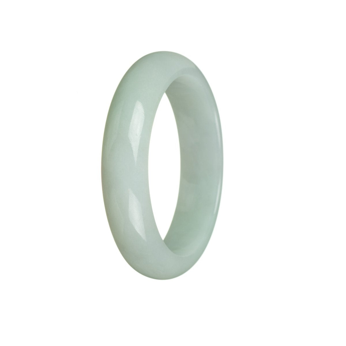 A close-up photo of a pale green jade bracelet with a half-moon shape. The bracelet is made of genuine Type A Burmese jade and measures 54mm in size. It is a beautiful piece of jewelry from MAYS GEMS.