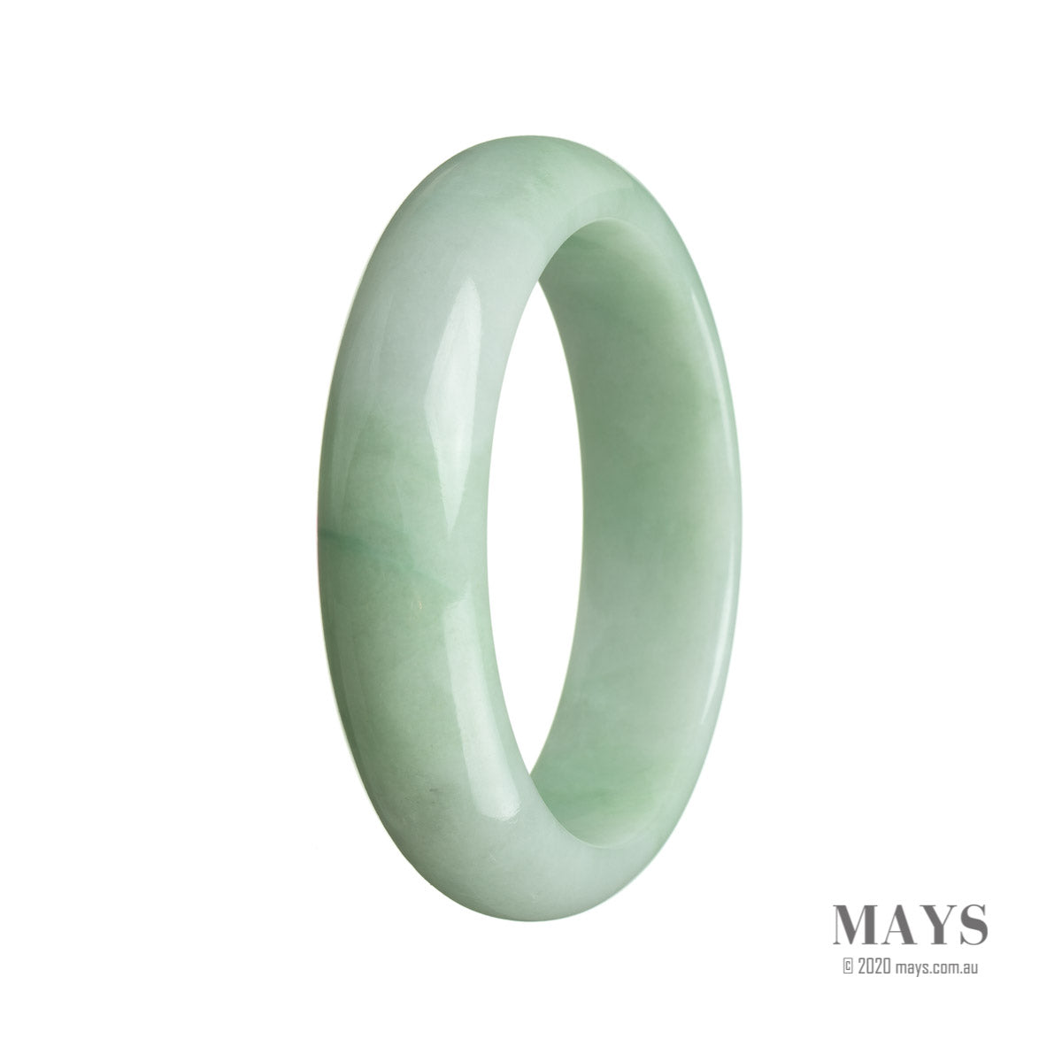 A light green Burmese jade bangle bracelet with a half-moon shape, measuring 57mm in size.