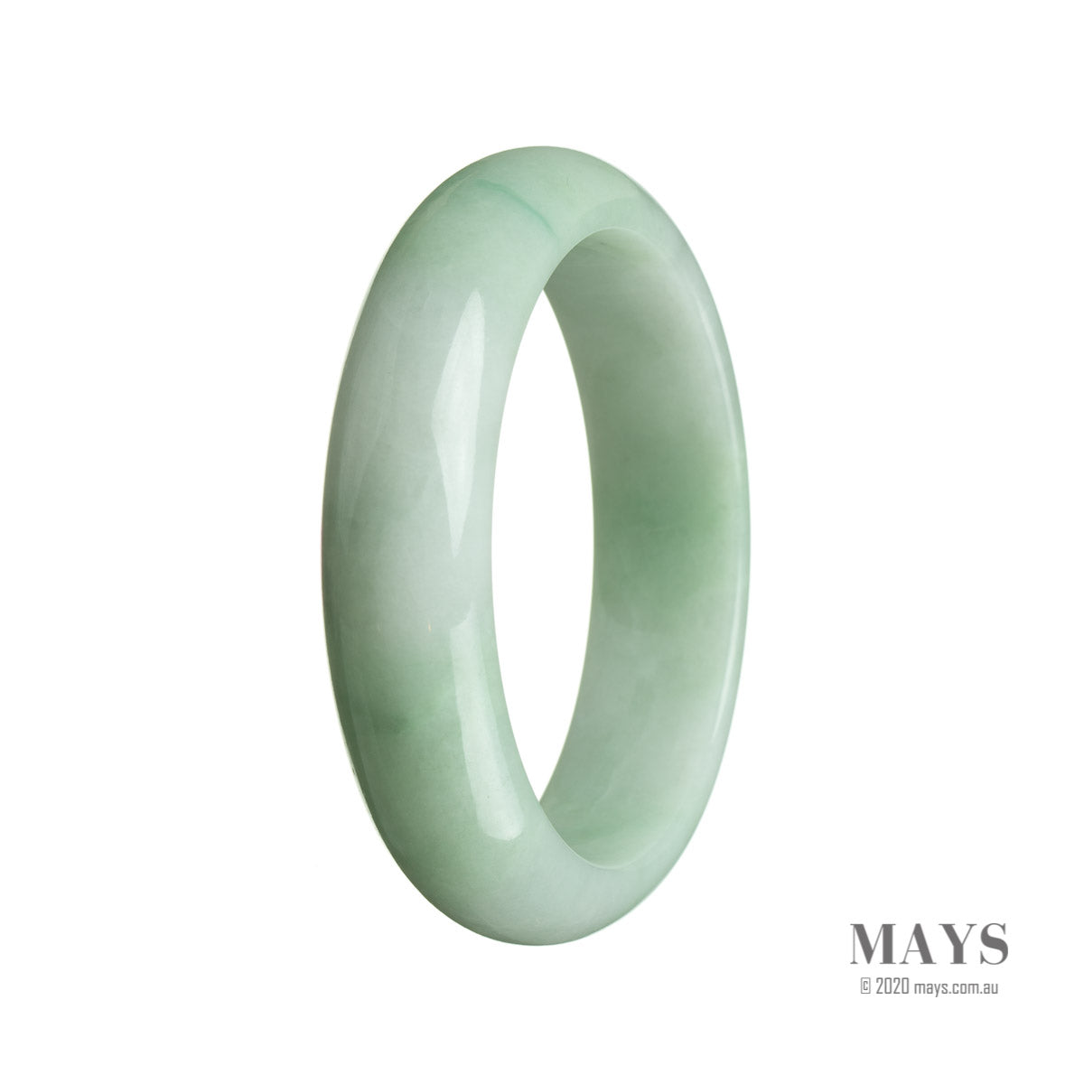 A close-up image of a light green Burma Jade bracelet with a half moon shape, measuring 57mm in size. The bracelet is made from high-quality Grade A jade and is adorned with intricate patterns.
