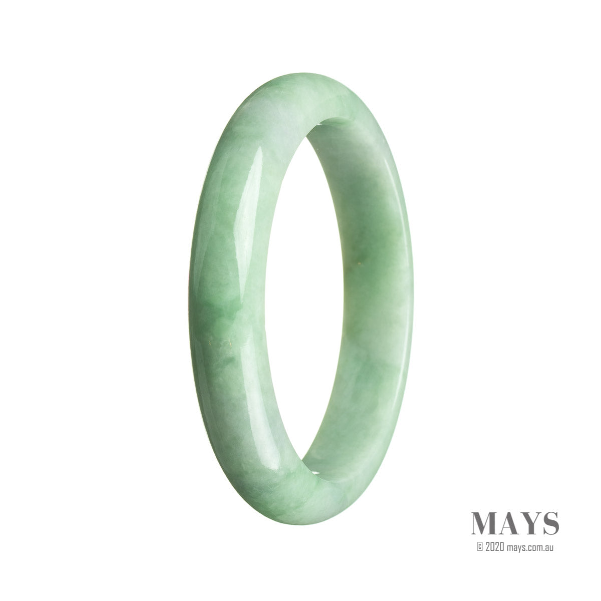 A close-up view of a certified untreated green traditional jade bangle. The bangle is 59mm in diameter and has a semi-round shape. It is from MAYS GEMS, a reputable jewelry brand.