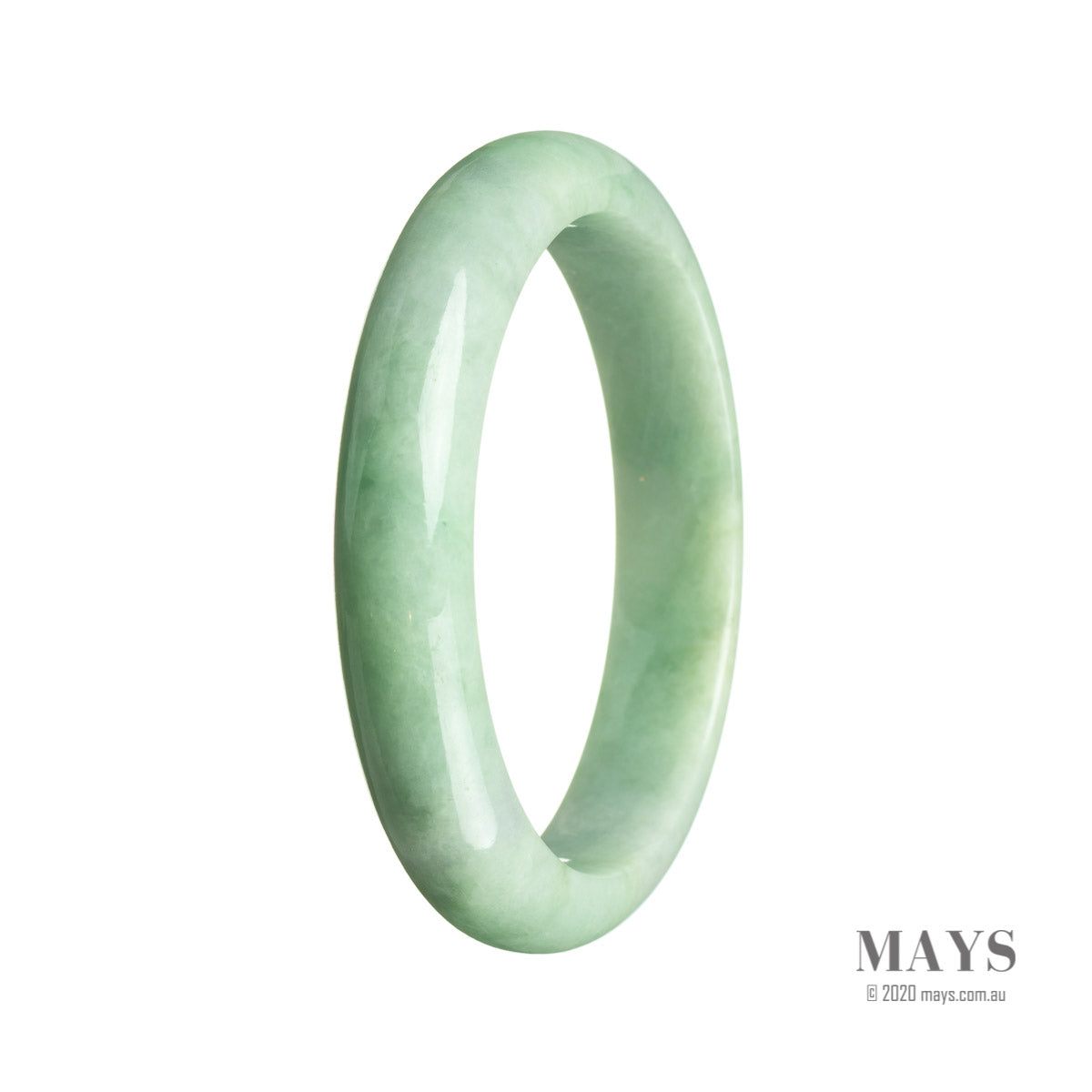 A close-up image of a beautiful green jade bangle with a semi-round shape, measuring 59mm in diameter. The jade stone is genuine and sourced from Burma, showcasing its natural beauty. Crafted with precision, this bangle is a stunning accessory that adds elegance and uniqueness to any outfit.