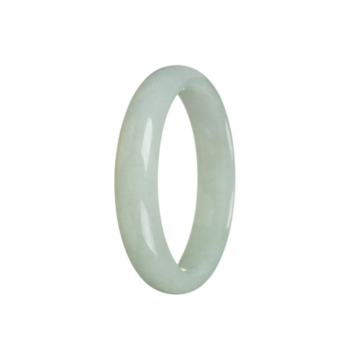 A close-up image of a pale green Burma jade bracelet, certified as Type A. The bracelet is in the shape of a half moon and measures 56mm in size. The bracelet is made by MAYS GEMS.