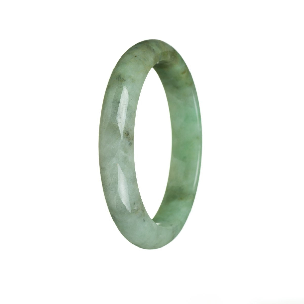 A close-up of a green jade bracelet with a semi-round shape, showcasing its natural beauty and traditional design.