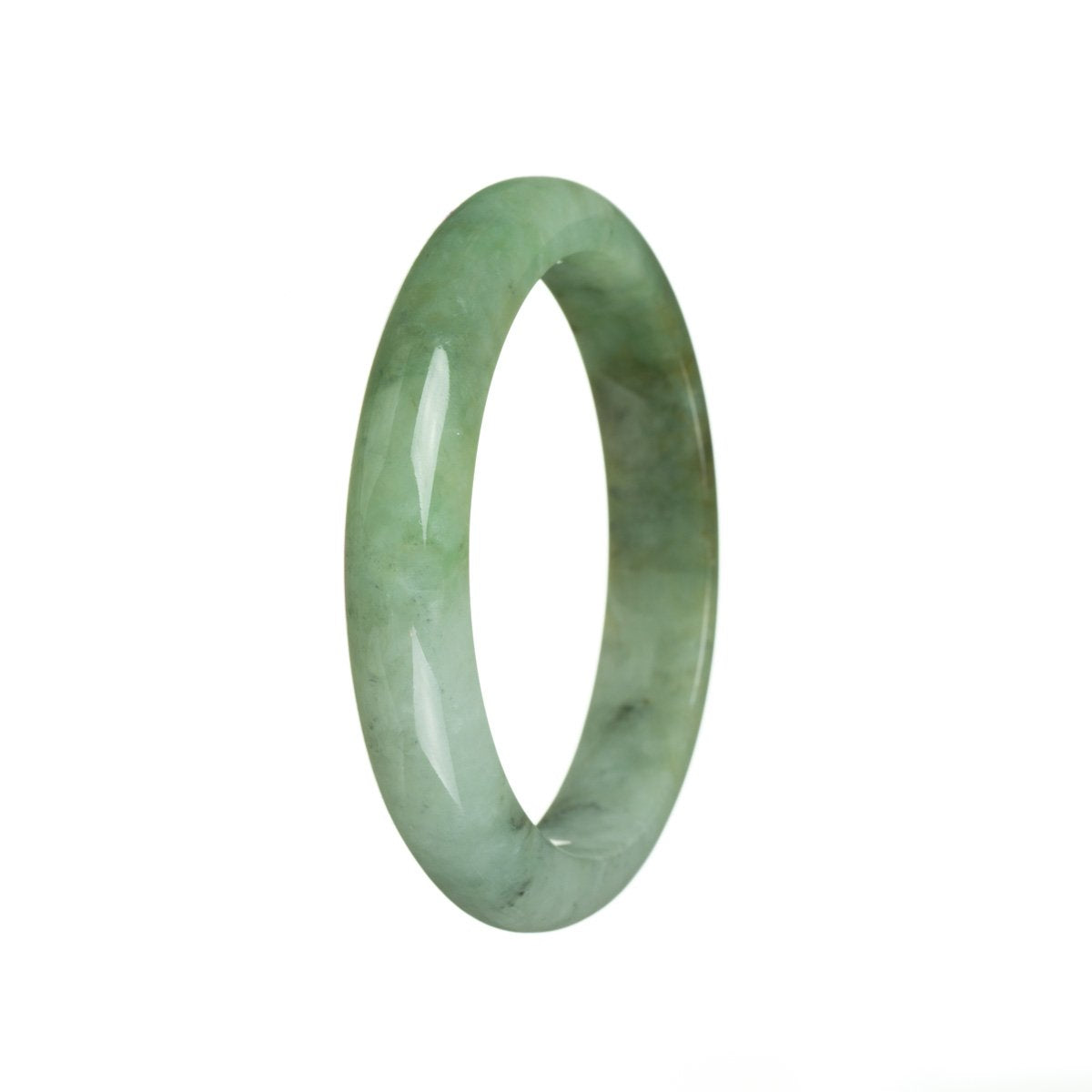 A close-up image of a bracelet made from authentic natural green Burma jade. The bracelet is semi-round in shape and measures 58mm. It is a product of MAYS™.