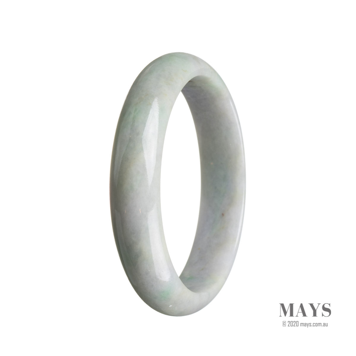 A close-up image of a lavender-colored bracelet made from genuine natural lavender and green jadeite jade. The bracelet is in the shape of a 59mm half moon and is sold by MAYS GEMS.