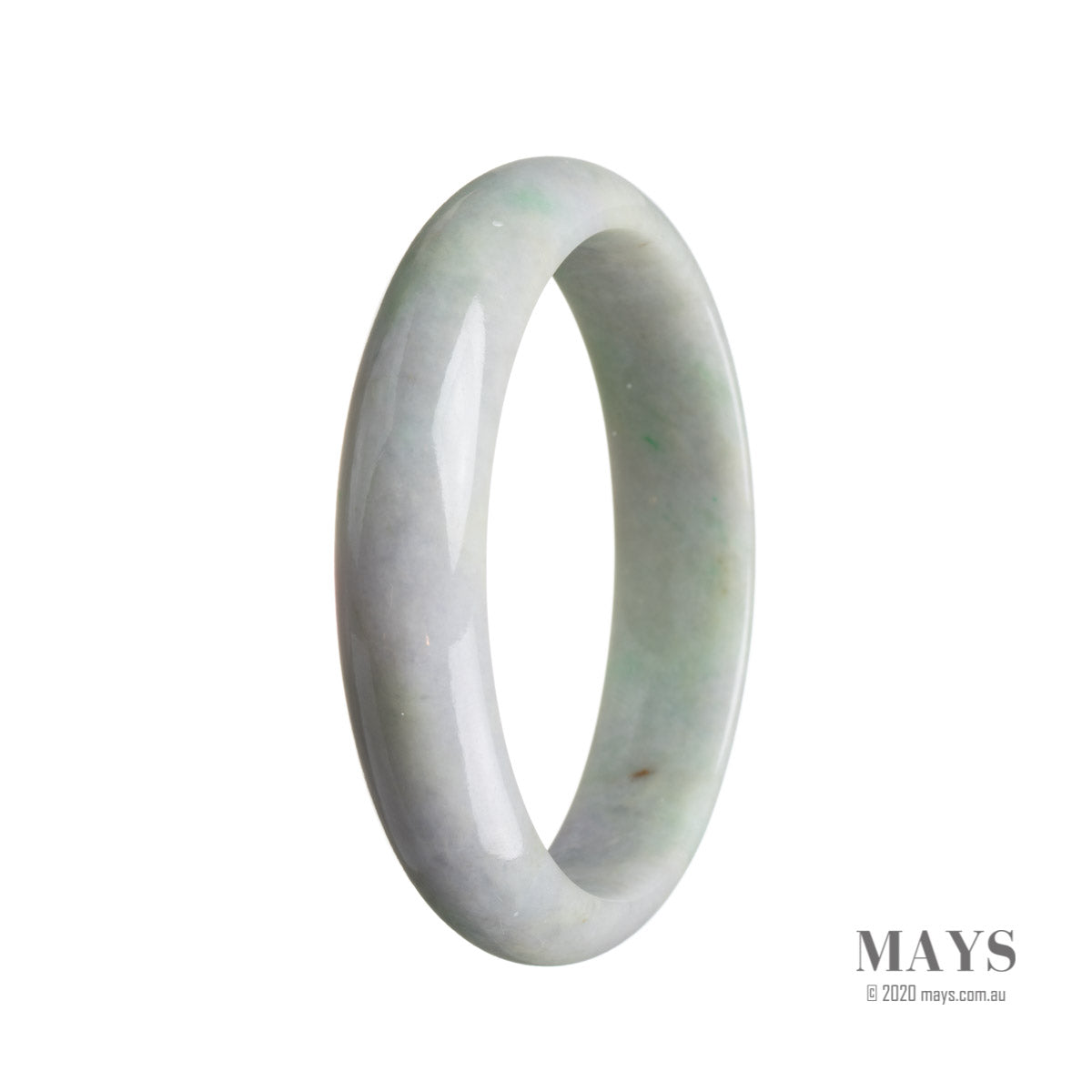 A close-up of a lavender-colored bracelet made of untreated authentic lavender stones and green jade beads. The bracelet is in the shape of a half moon and measures 59mm in diameter. It is a product by MAYS™.