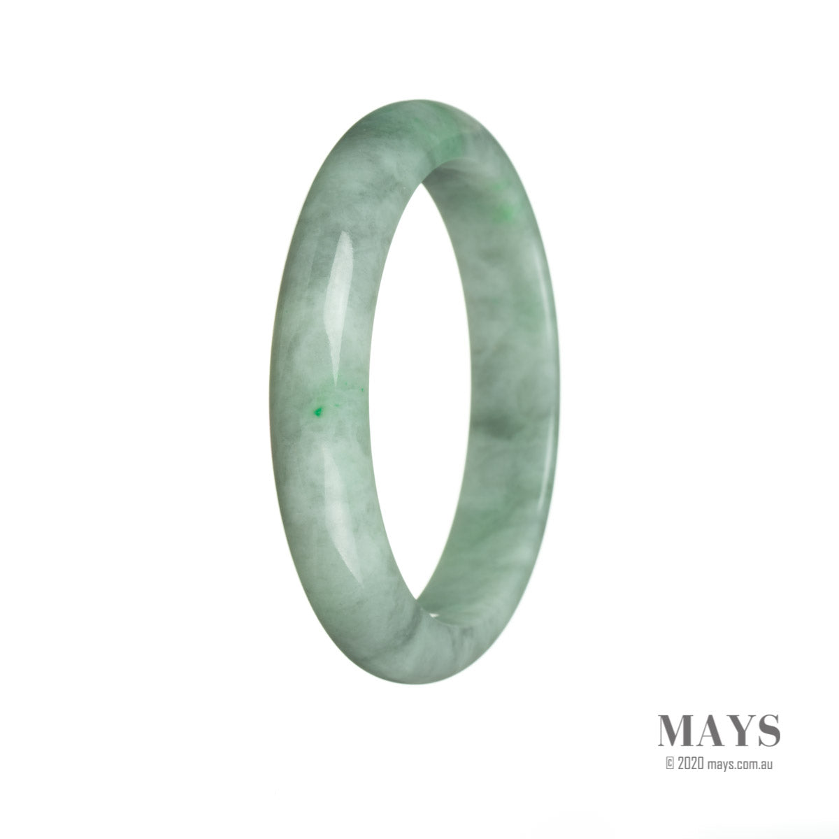 A close-up image of a genuine untreated green Burma jade bangle. The bangle is 59mm in size and has a semi-round shape. It is being offered by MAYS GEMS.