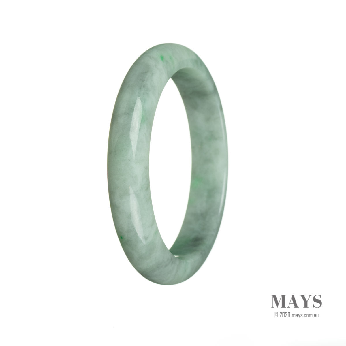 A close-up of a green bangle bracelet made of Burma Jade. The bracelet has a semi-round shape and measures 59mm in diameter. It is certified as Grade A Jade by MAYS GEMS.