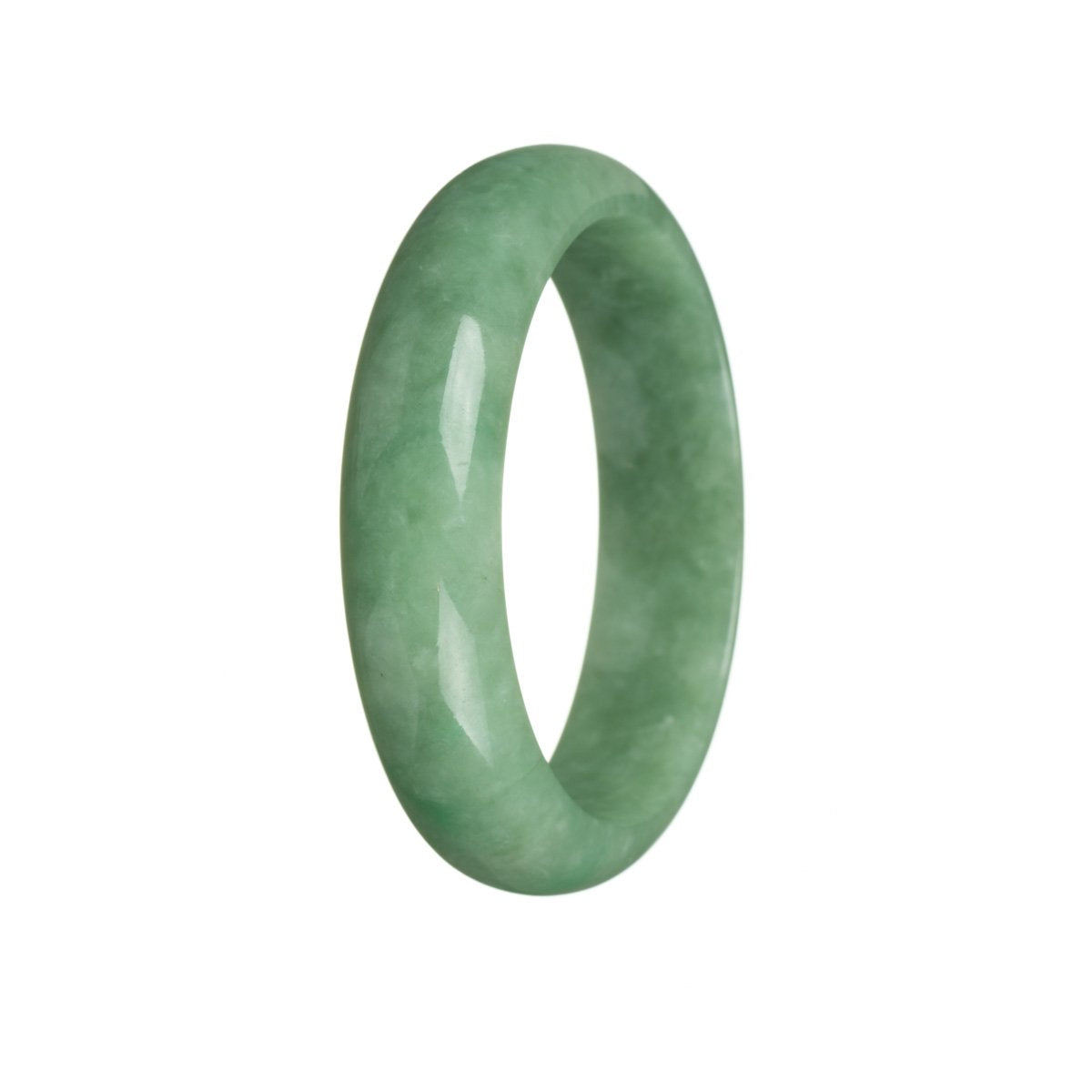 A close-up photo of a beautiful green jade bracelet with a half-moon shape, originating from Burma. The bracelet is made of genuine untreated jade, showcasing its natural beauty.