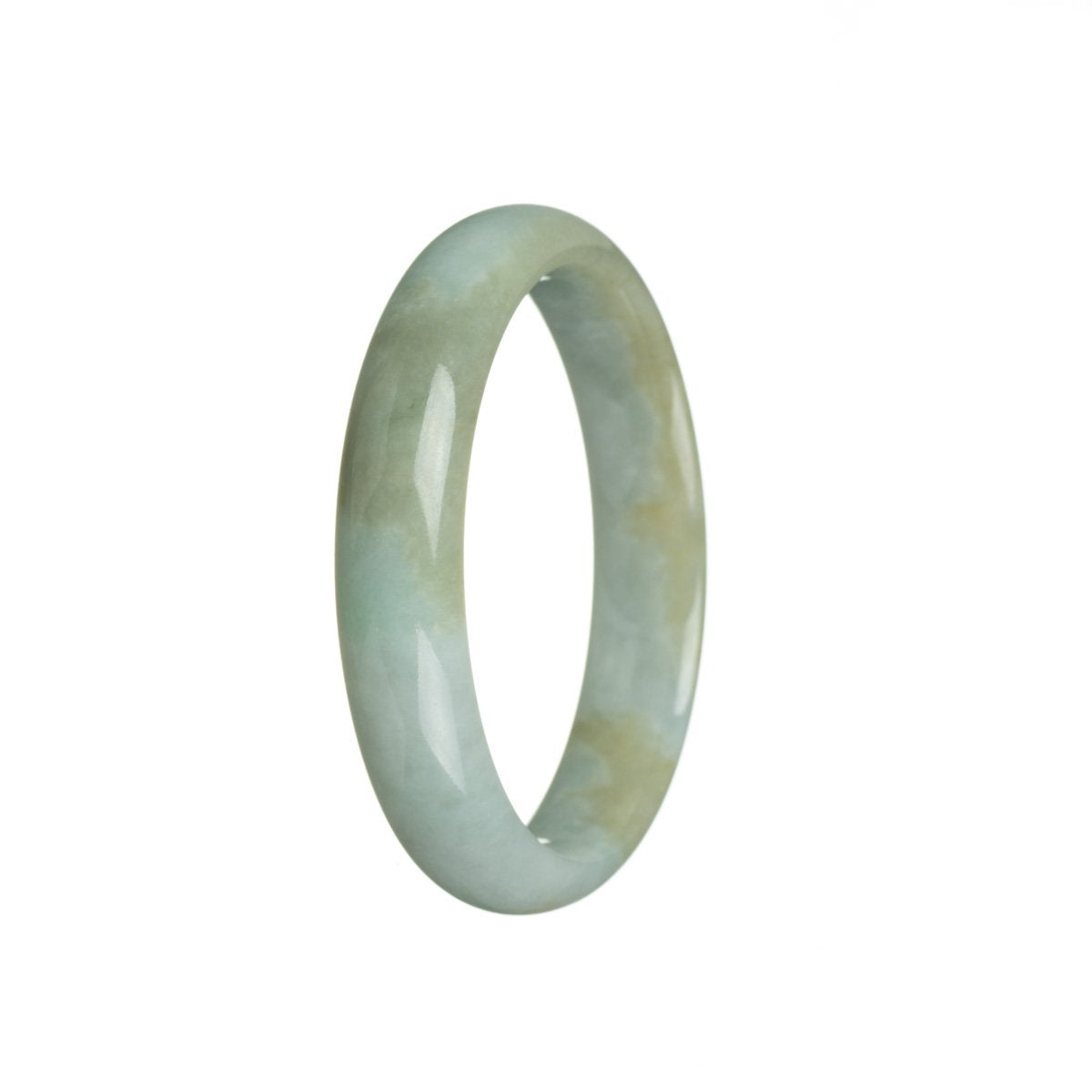 A close-up photo of a light green jadeite jade bangle bracelet with a half moon shape, measuring 56mm. This bracelet is certified as untreated, showcasing its natural beauty. Perfect for adding a touch of elegance to any outfit.