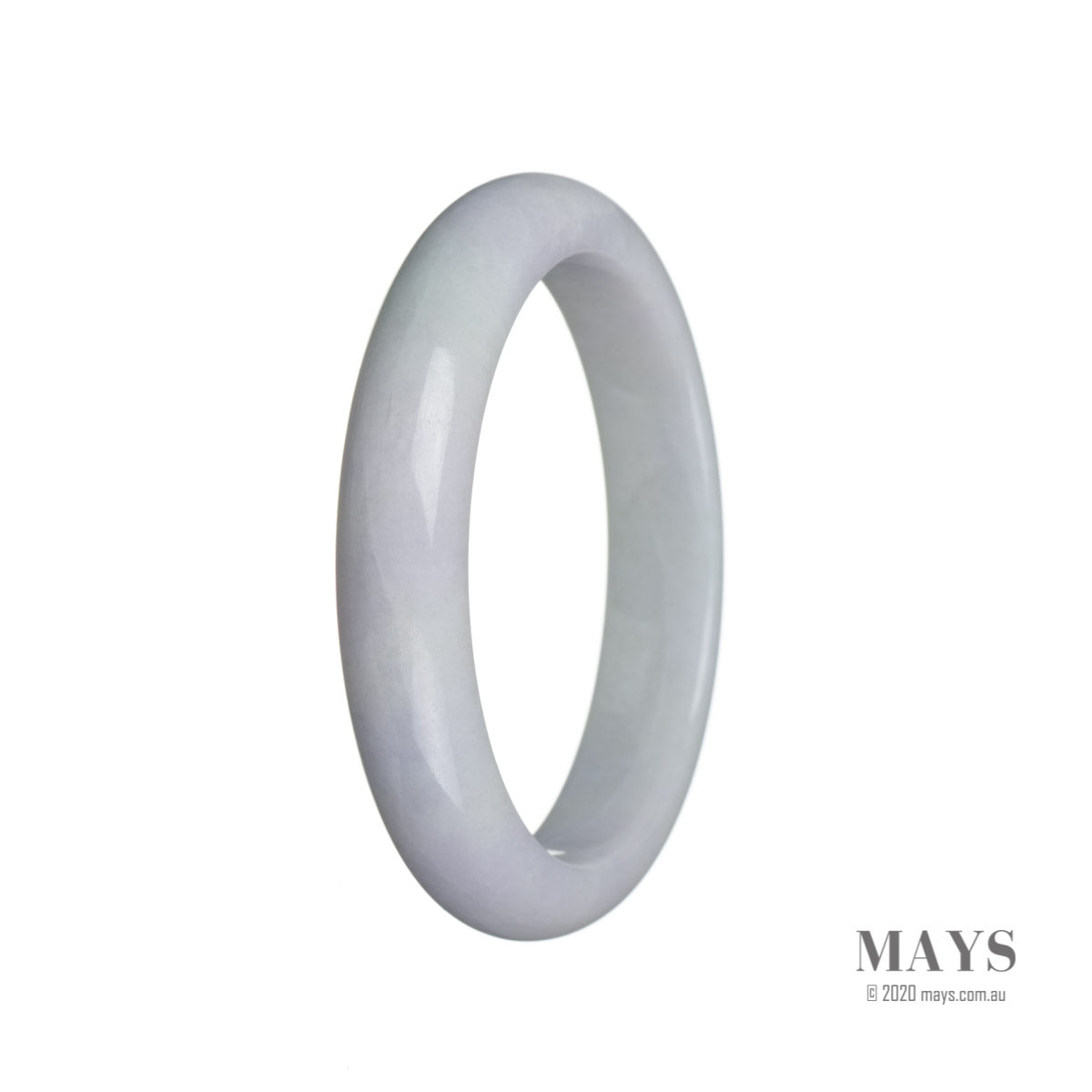 A close-up image of a genuine Type A white jade bangle with hints of pale lavender. It has a semi-round shape and measures 60mm in diameter. The bangle is from the brand MAYS.