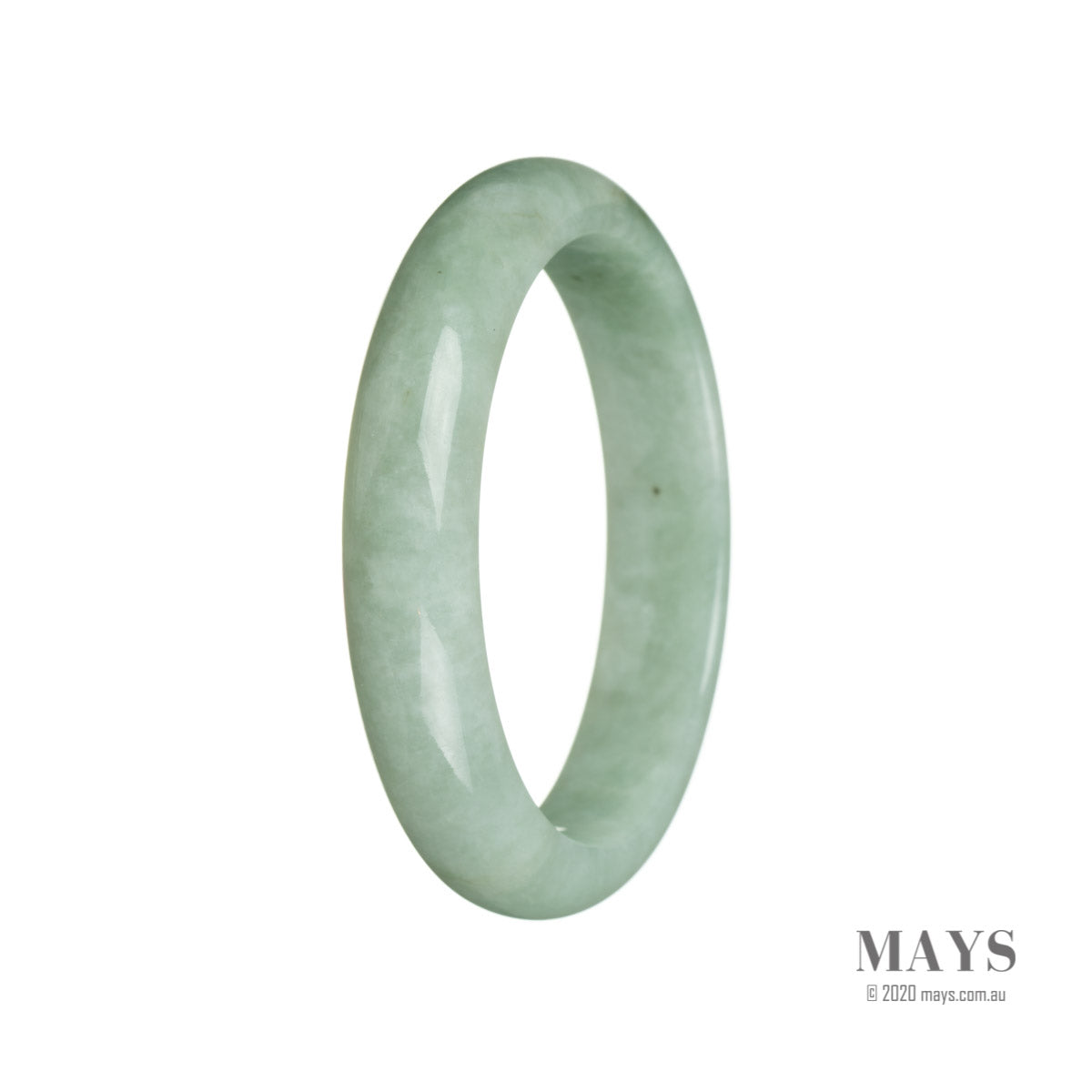 A close-up photo of a real green jade bangle with a semi-round shape, measuring 59mm in diameter. The bangle is smooth and polished, showcasing the natural beauty of the green jade stone. It features a Type A grade, known for its high quality and vibrant color. The brand name "MAYS™" is also mentioned.