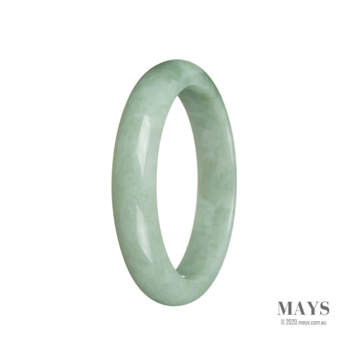 A stunning semi-round Real Grade A Green Jadeite Bangle Bracelet, measuring 59mm in diameter, crafted by MAYS.
