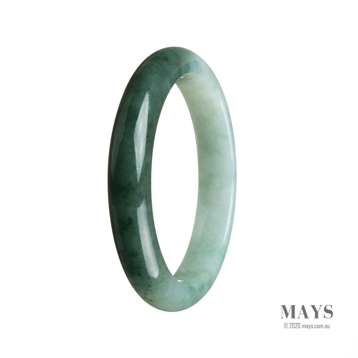 A close-up of a stunning half moon-shaped green jadeite jade bracelet, showcasing its genuine Grade A quality. The bracelet measures 58mm in diameter and is a beautiful piece from MAYS GEMS.