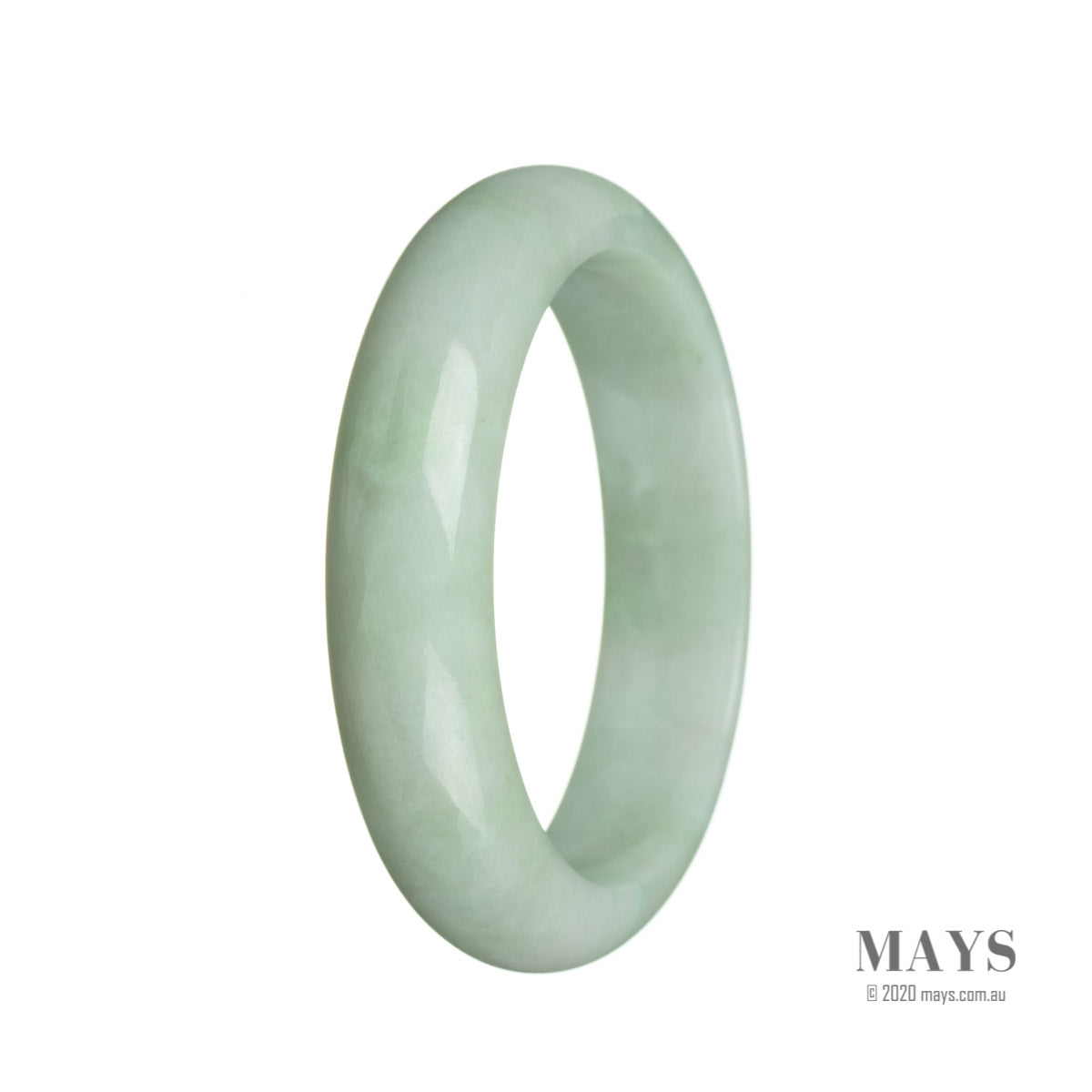 A close-up image of a light green jadeite bangle with a half-moon shape, measuring 62mm in diameter. This bangle is certified as Type A jadeite, ensuring its authenticity and quality. It is a beautiful and elegant piece of jewelry from the MAYS™ collection.
