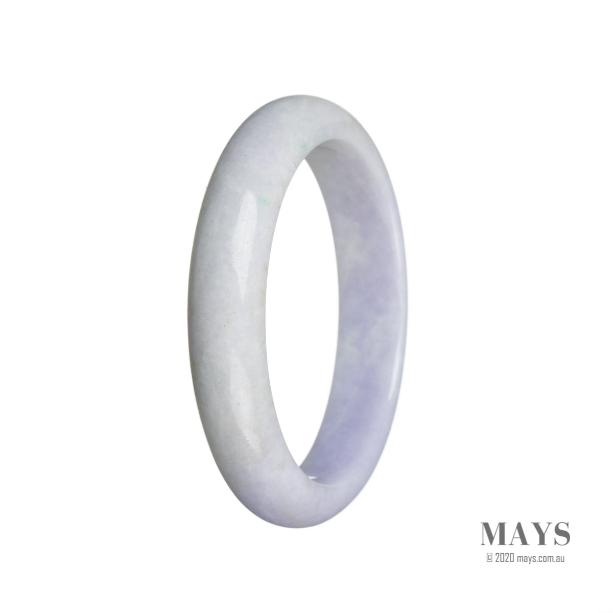 A close-up photo of a round bangle bracelet made of lavender jadeite, certified as Type A. The bracelet has a semi-round shape and measures 60mm in diameter. Created by MAYS GEMS, a trusted brand in gemstone jewelry.