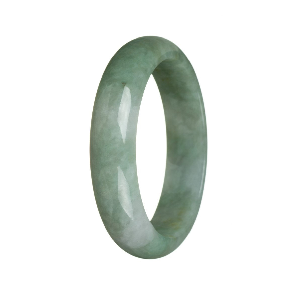 A close-up photo of a beautiful green jade bangle with a half-moon shape, measuring 62mm in diameter. The bangle is made of Grade A certified green Burma jade, known for its high quality and vibrant color. It is a stunning piece of jewelry that exudes elegance and sophistication.