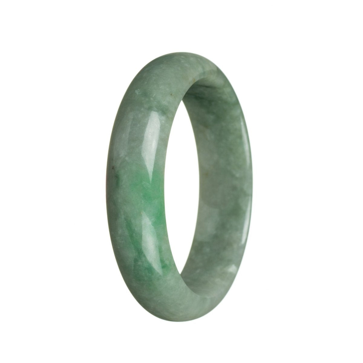 Close-up of a vibrant green Burmese jade bangle with a half-moon shape, measuring 62mm in diameter. The bangle is made from genuine Grade A jade and is a stunning piece of jewelry offered by MAYS GEMS.