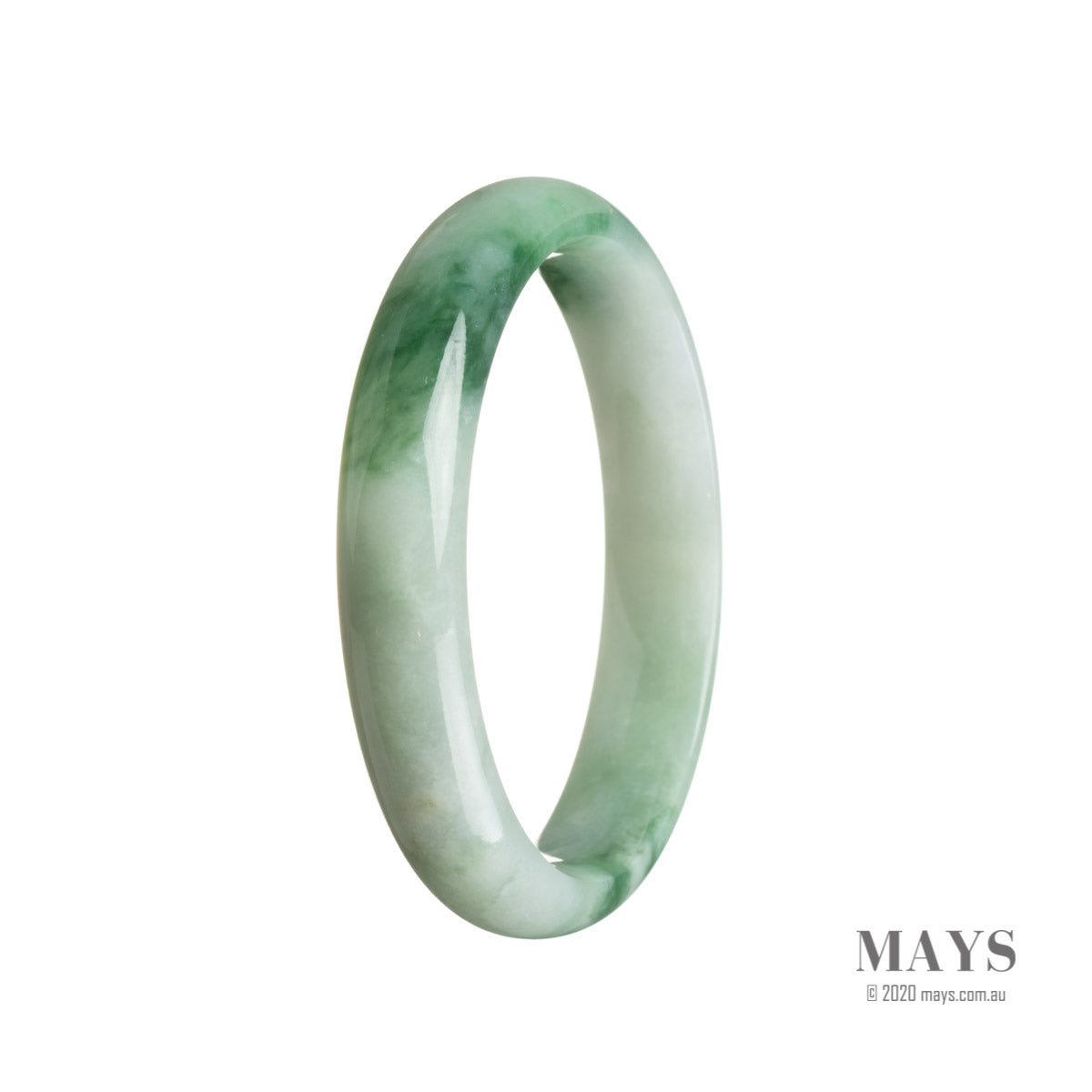 Image of a half-moon shaped green jade bangle with a smooth, glossy surface. The bangle is made of genuine grade A green flower jade and measures 56mm in diameter. It has a beautiful, natural color and pattern.