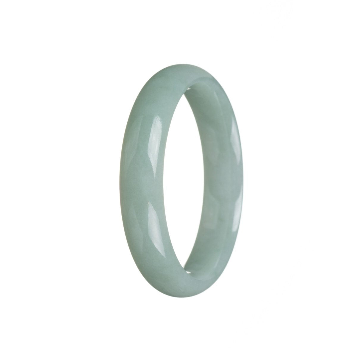 A close-up image of a beautiful, half-moon shaped green jadeite jade bracelet. The jade has a natural light green color and is certified as authentic. The bracelet measures 56mm in diameter and is a stunning piece of jewelry from the MAYS™ brand.