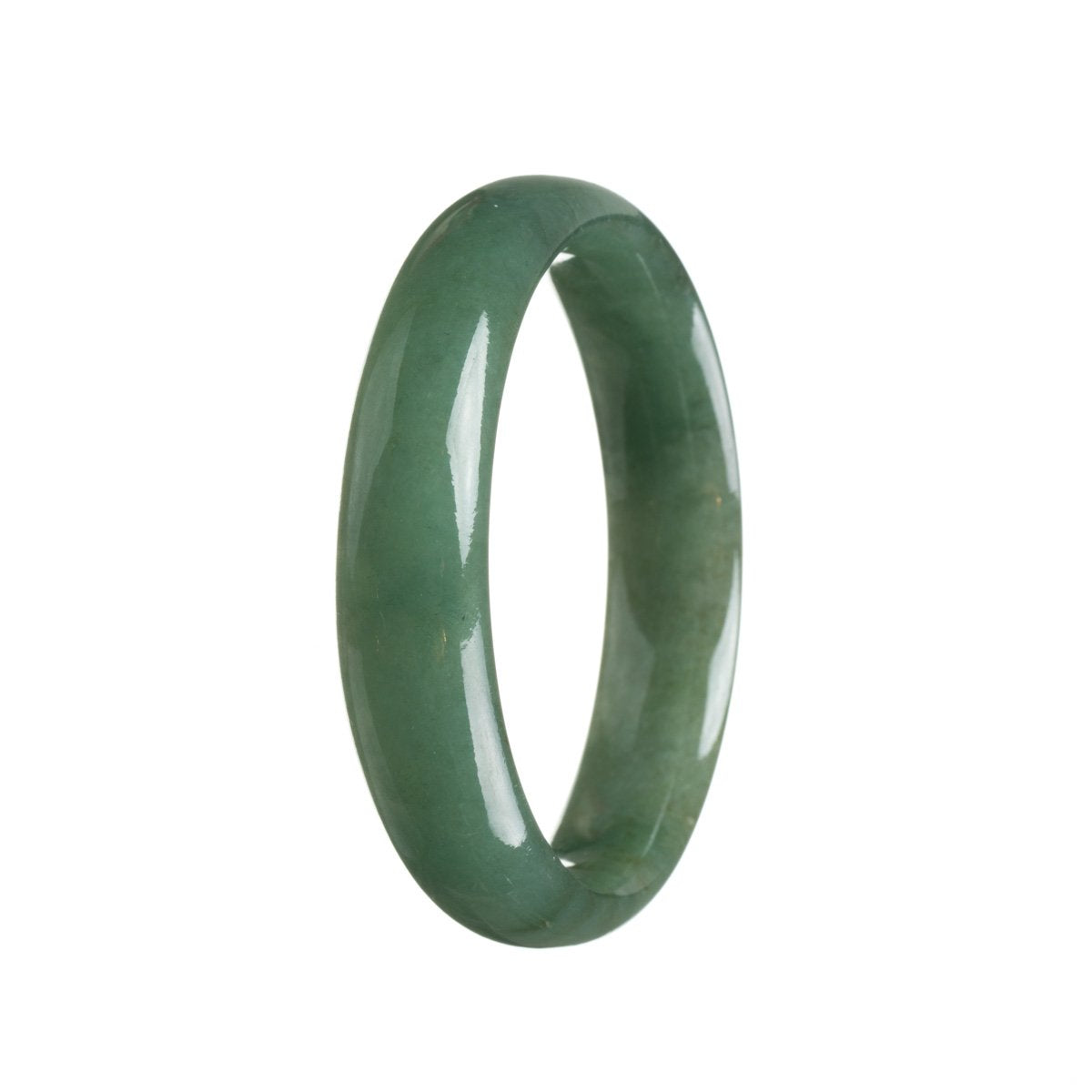 A close-up of a deep green Burmese jade bangle bracelet with a half-moon shape, measuring 56mm in diameter. This high-quality bracelet is made of genuine grade A jade. Perfect for adding a touch of elegance to any outfit.