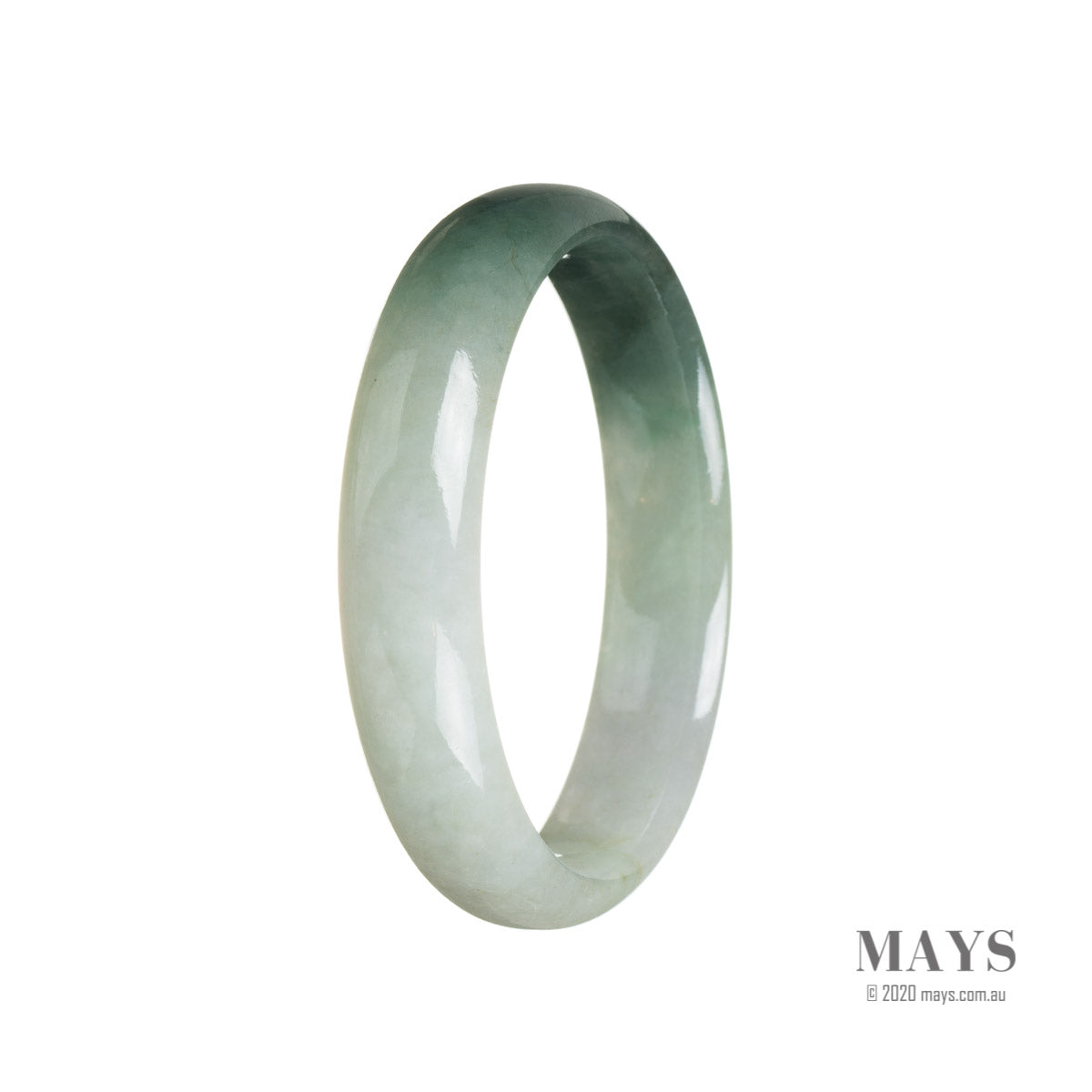 A half-moon shaped, 55mm certified natural green Burmese jade bangle from MAYS.