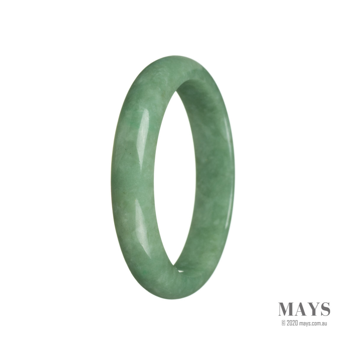 A close-up photo of a stunning green Burmese Jade bangle bracelet with a half-moon shape, measuring 58mm in diameter. The smooth and glossy surface showcases the high quality of the Grade A jade, reflecting light beautifully. The bracelet is a timeless piece of jewelry that exudes elegance and sophistication. Perfect for adding a touch of luxury to any outfit.