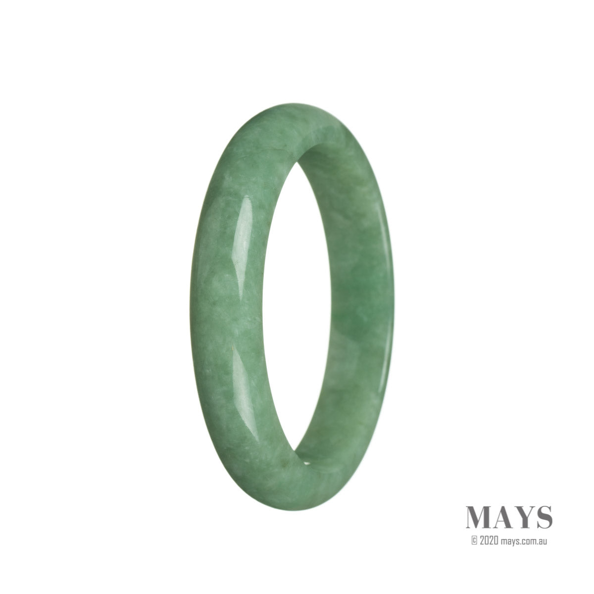 A close-up photo of a traditional green jade bangle with a half-moon shape, measuring 58mm in size. This bangle is certified as Type A jade and is available from the brand MAYS.