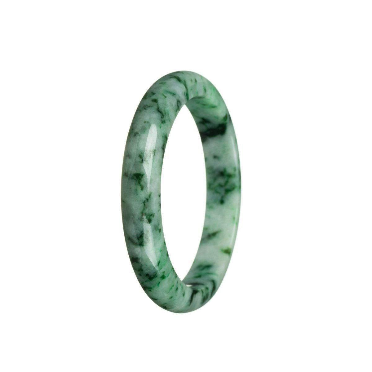 Image of a stunning Grade A Green Burma Jade bangle, measuring 55mm in diameter. The bangle is semi-round in shape and is certified for its exceptional quality. The vibrant green color of the jade exudes elegance and sophistication. A perfect accessory for those who appreciate the beauty of natural gemstones.