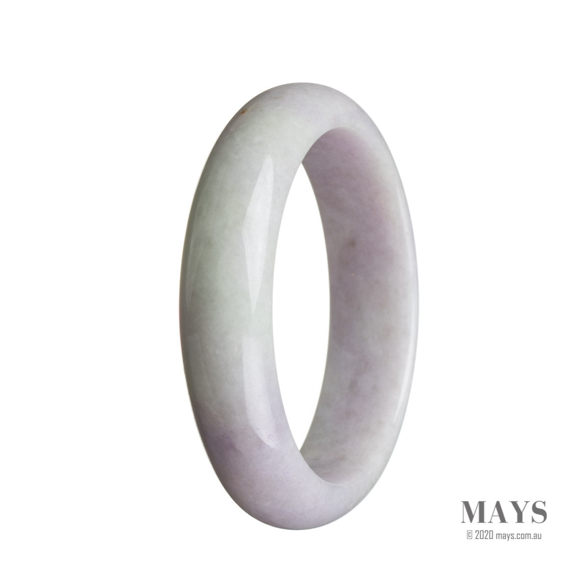 A beautiful lavender jadeite bangle bracelet with a half-moon design, measuring 58mm.