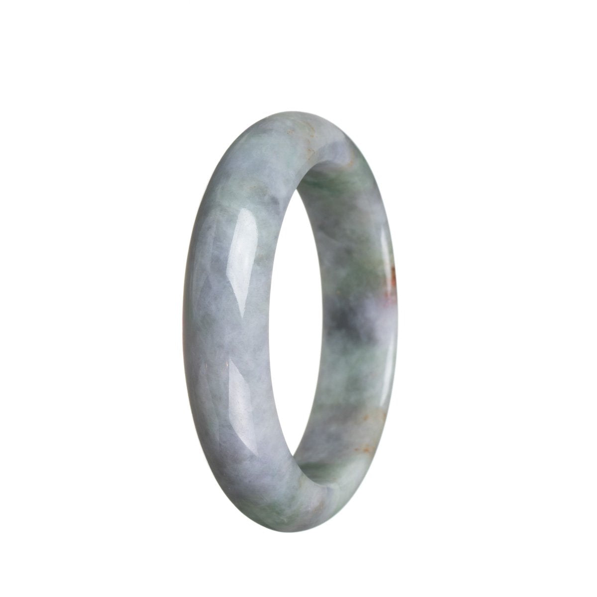 A close-up image of a lavender and green bracelet made with authentic grade A lavender and green jadeite stones. The bracelet has a semi-round shape and measures 52mm in diameter. It is a product of MAYS™.