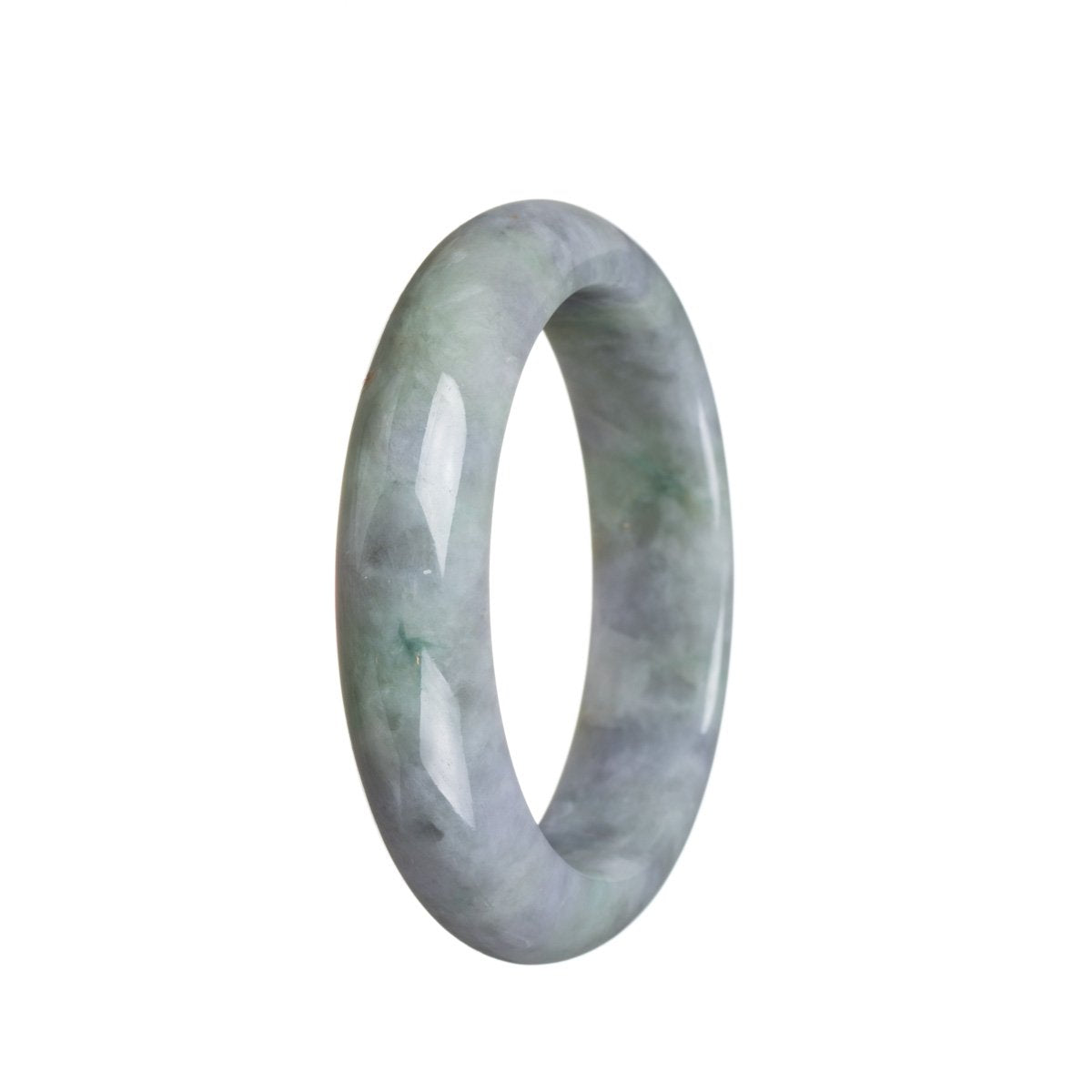 A lavender-colored traditional jade bangle with green accents, crafted from genuine Grade A semi-round jade measuring 52mm in size. By MAYS.