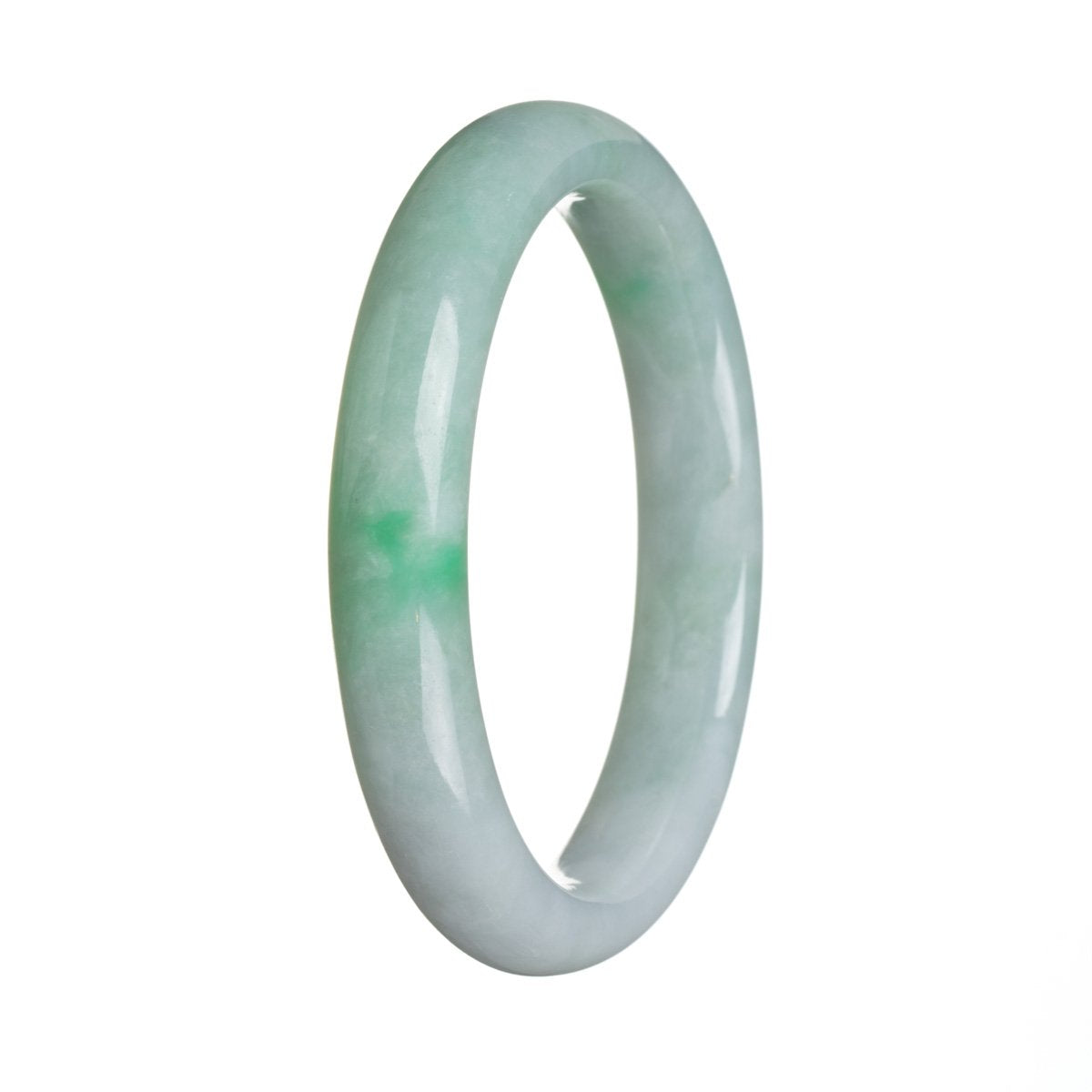 A beautiful and authentic Apple green Burma Jade bangle bracelet with a semi-round shape, measuring 63mm. Handcrafted by MAYS, this bracelet is a stunning piece of jewelry.