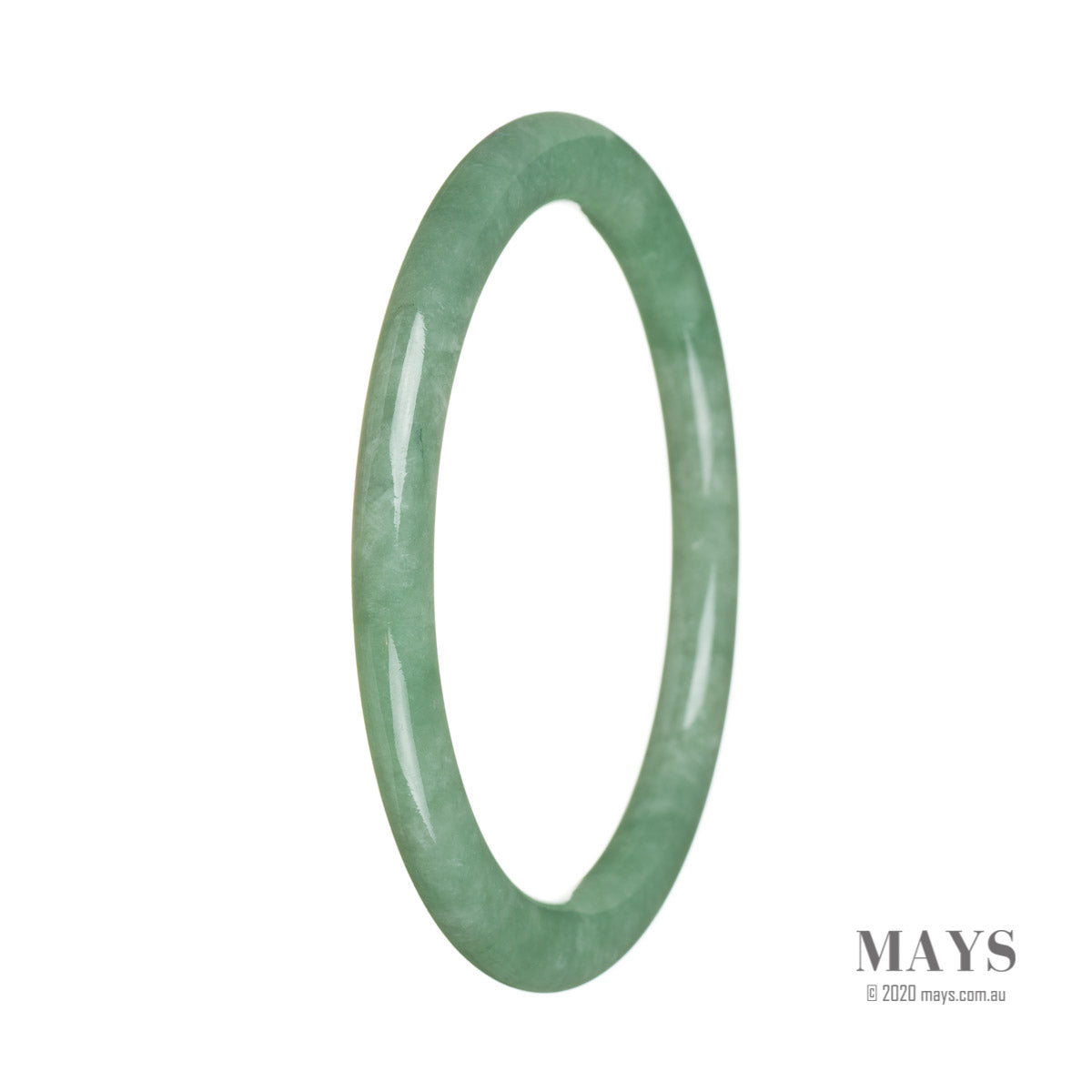 A close-up photo of a beautiful, bright green jadeite bracelet. It is made with high-quality, certified grade A jadeite and features petite round beads with a diameter of 63mm. The bracelet is from the brand MAYS.