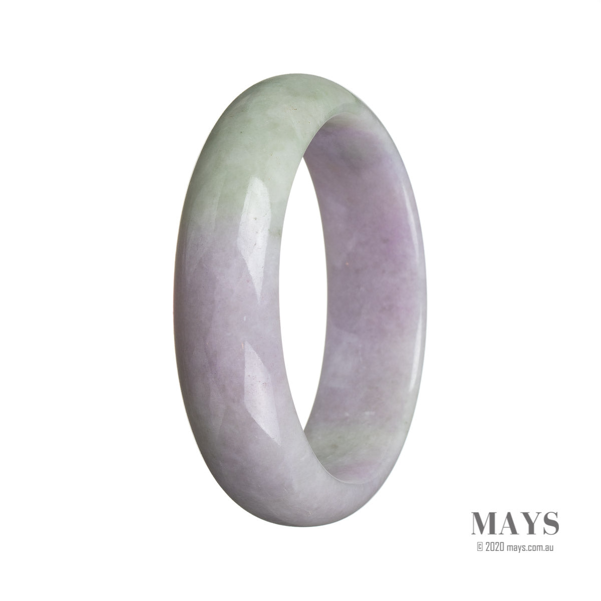 A close-up photo of a beautiful lavender and green jadeite bangle with a half moon design, measuring 58mm in diameter. The bangle is made of genuine, natural jadeite and is a stunning piece of jewelry from the MAYS™ collection.