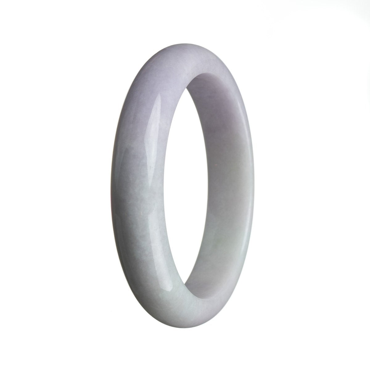 An image of a lavender Burma jade bracelet with a semi-round shape, measuring 60mm. The bracelet is certified as Type A and is sold by MAYS.