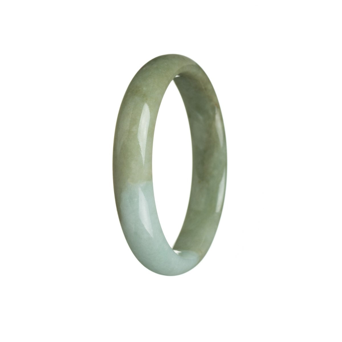 A close-up image of a stunning green jade bangle bracelet with a half moon shape. This authentic Grade A piece is made with care and precision, showcasing the natural beauty of the green jade stone. Perfect for adding a touch of elegance to any outfit.