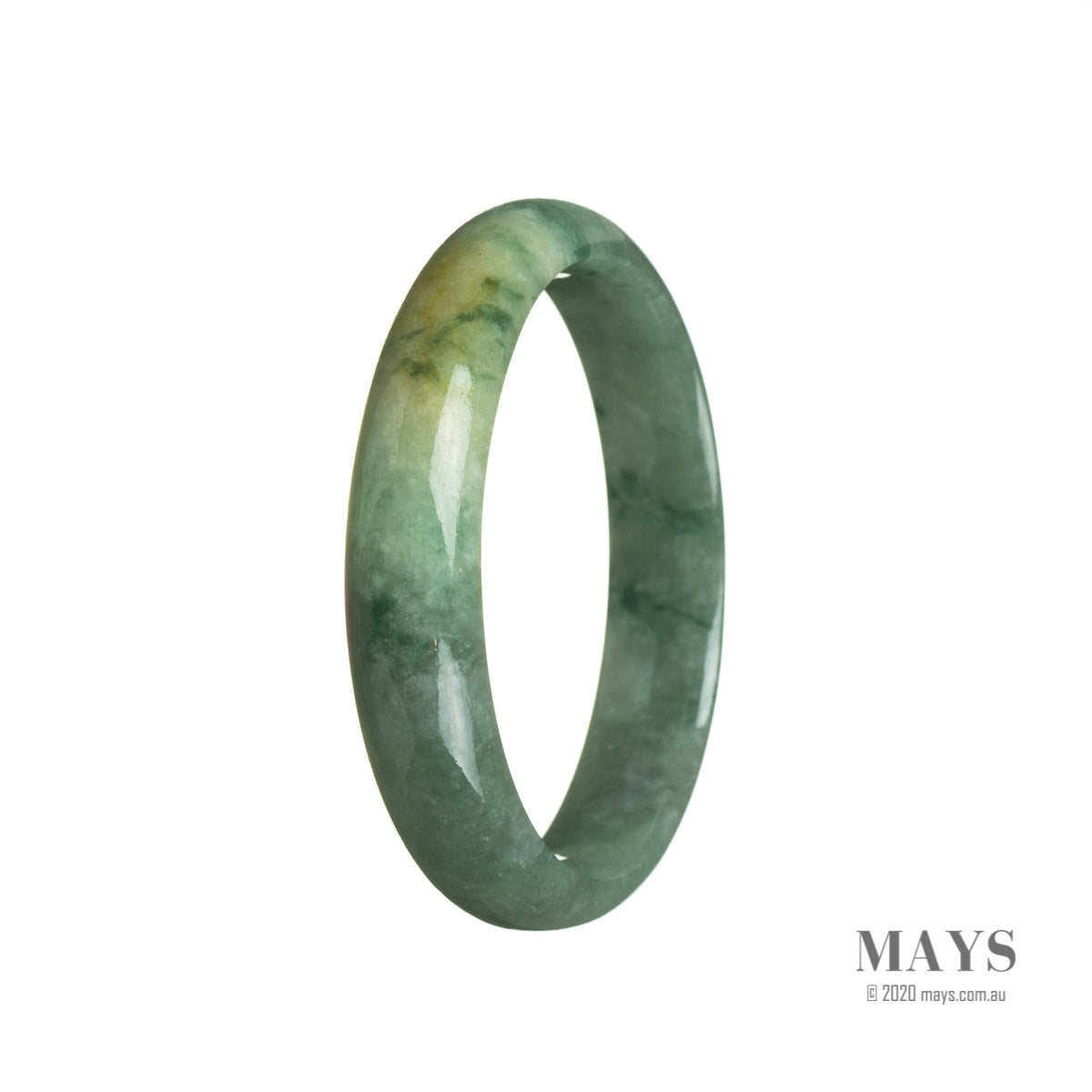 A close-up image of a half moon shaped green jade bracelet, with a glossy finish. The bracelet is made of genuine Type A green jade and measures 53mm in diameter. It is a beautiful piece of jewelry from MAYS GEMS.