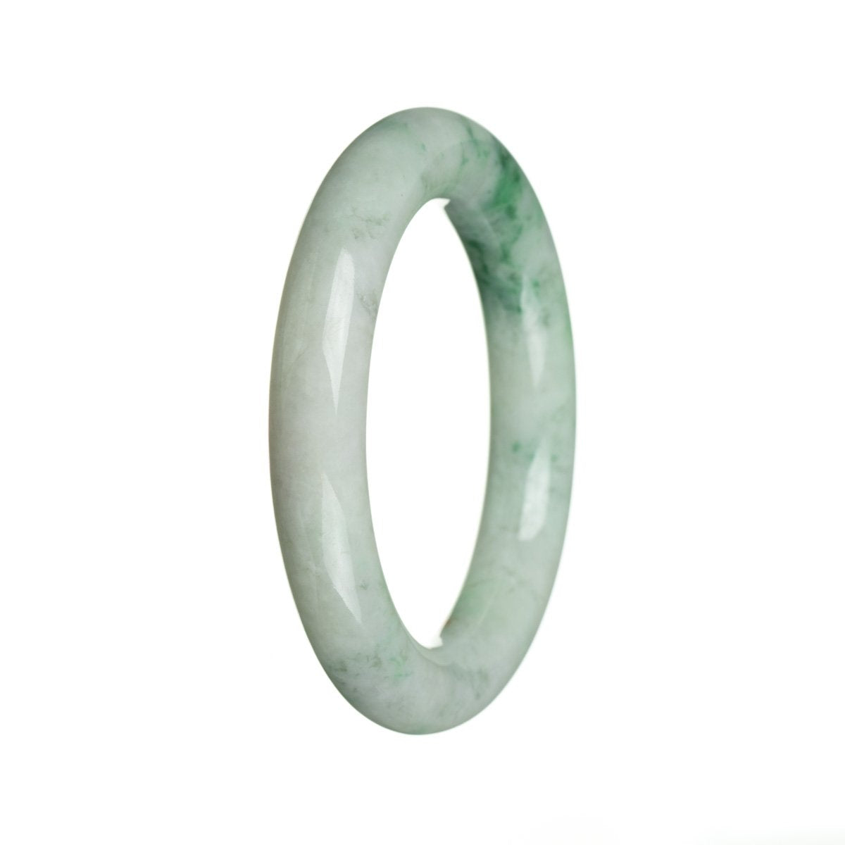 A close-up image of a round jade bracelet, showcasing its natural white color with a green flower design. The bracelet is traditional in style and measures 56mm in diameter. Crafted by MAYS GEMS.
