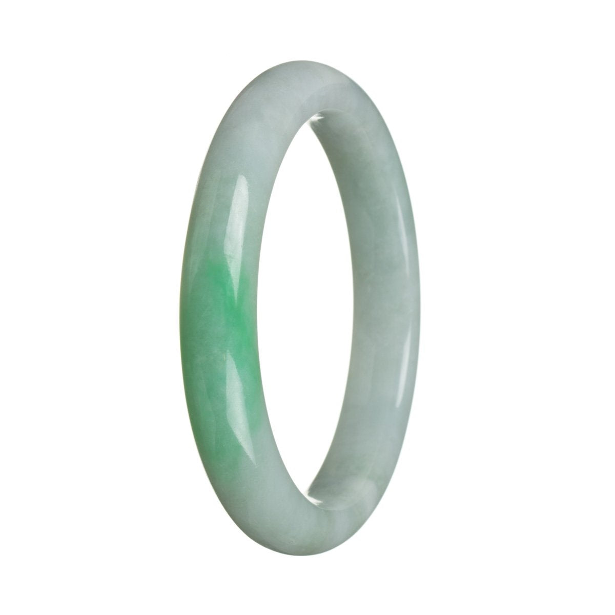 A stunning apple green Burmese jade bangle, Grade A quality, with a semi-round shape measuring 63mm. From MAYS GEMS.