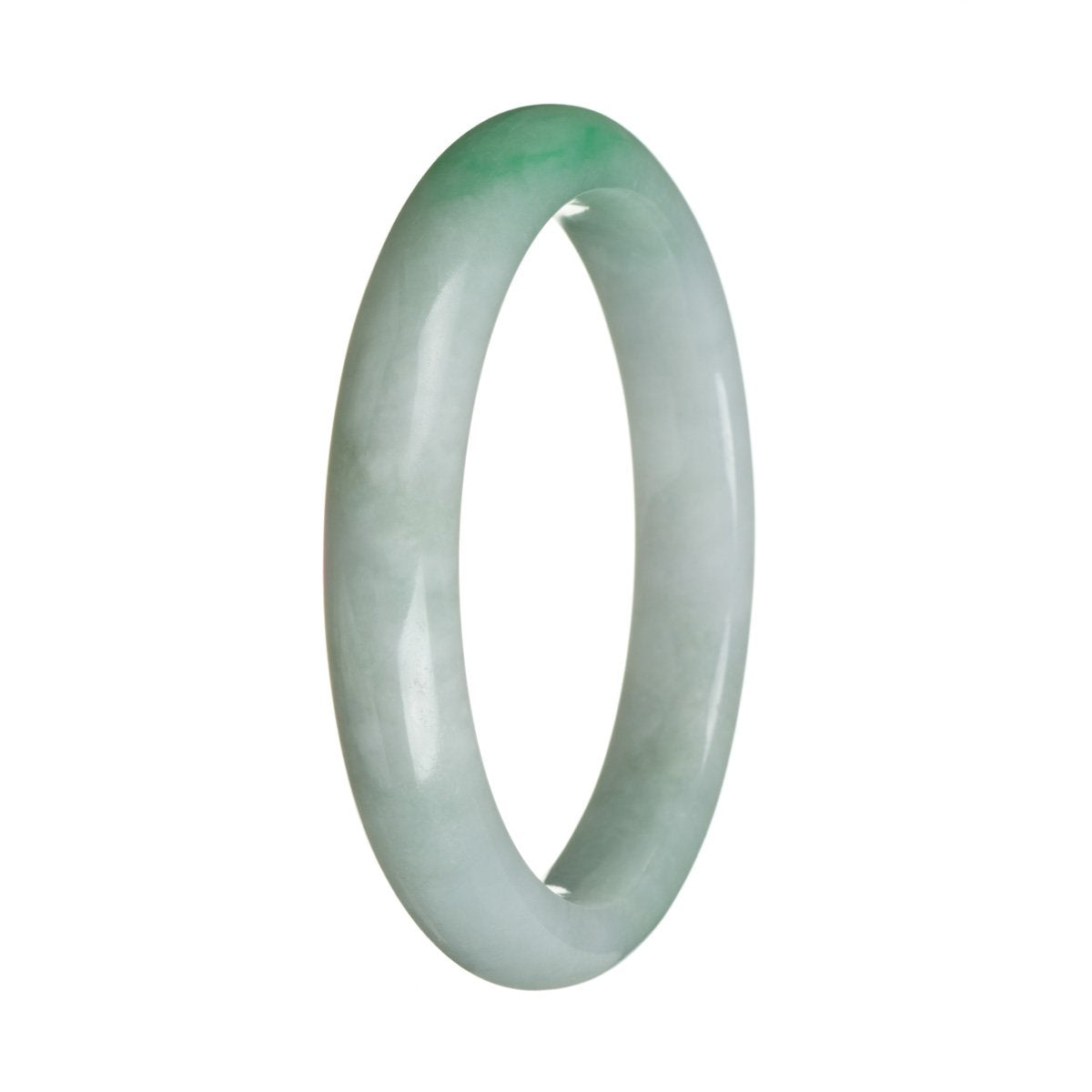 A close-up photo of a stunning green Burmese jade bangle, certified as natural and featuring a vibrant apple green color. The bangle is semi-round in shape and has a diameter of 63mm. The brand name "MAYS" is also mentioned.