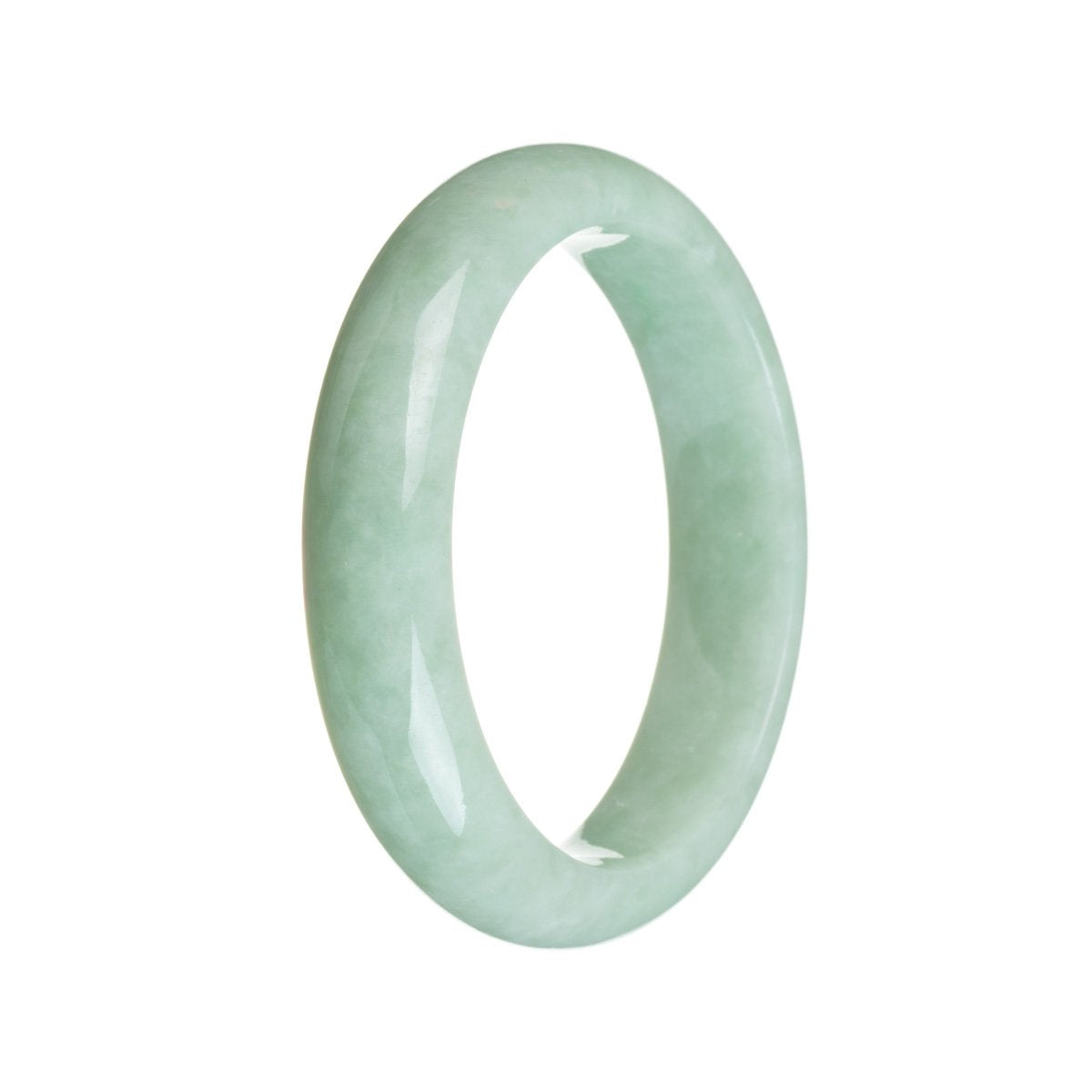 A light green traditional jade bangle bracelet with a half moon shape, measuring 57mm. Certified as untreated. A beautiful piece from MAYS GEMS.