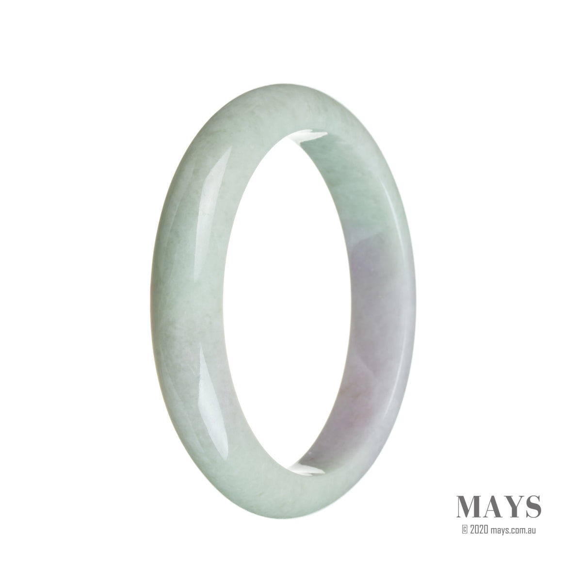 A close-up photo of a lavender and green jade bangle, with intricate natural patterns and a semi-round shape. This bangle is 58mm in size and is a genuine piece from the MAYS™ collection.